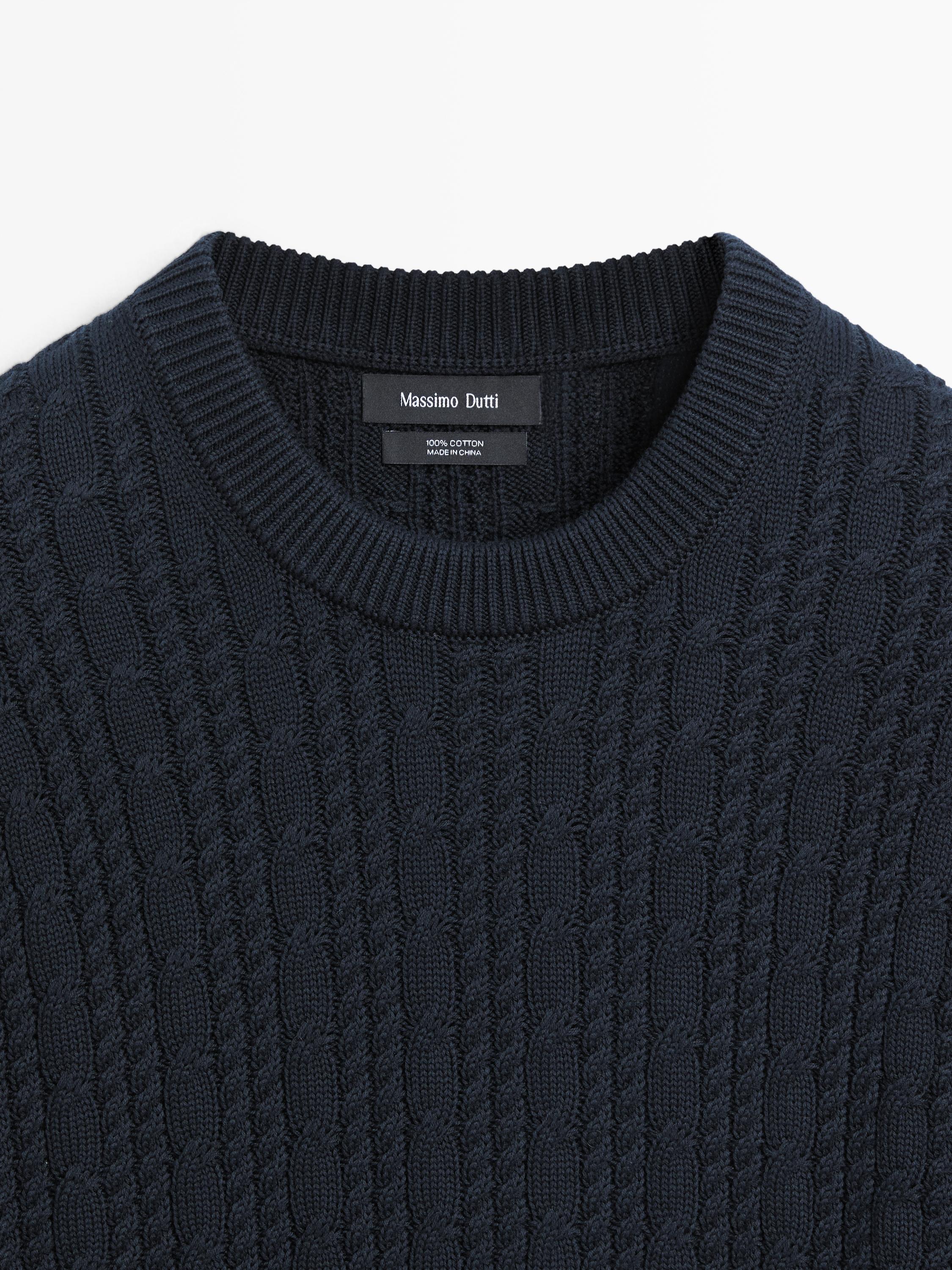 Cable-knit 100% cotton sweater with crew neck — NAVY BLUE