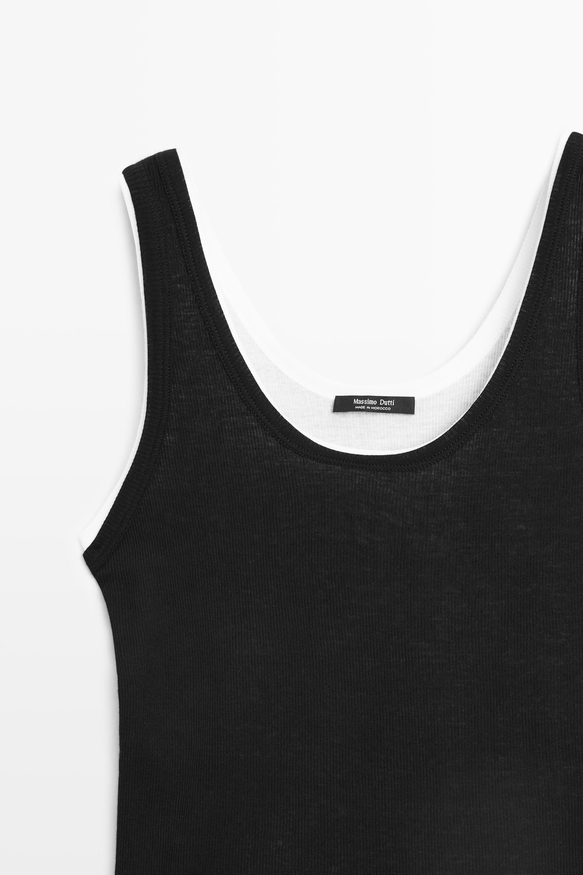 Cotton blend ribbed double-layer top — BLACK