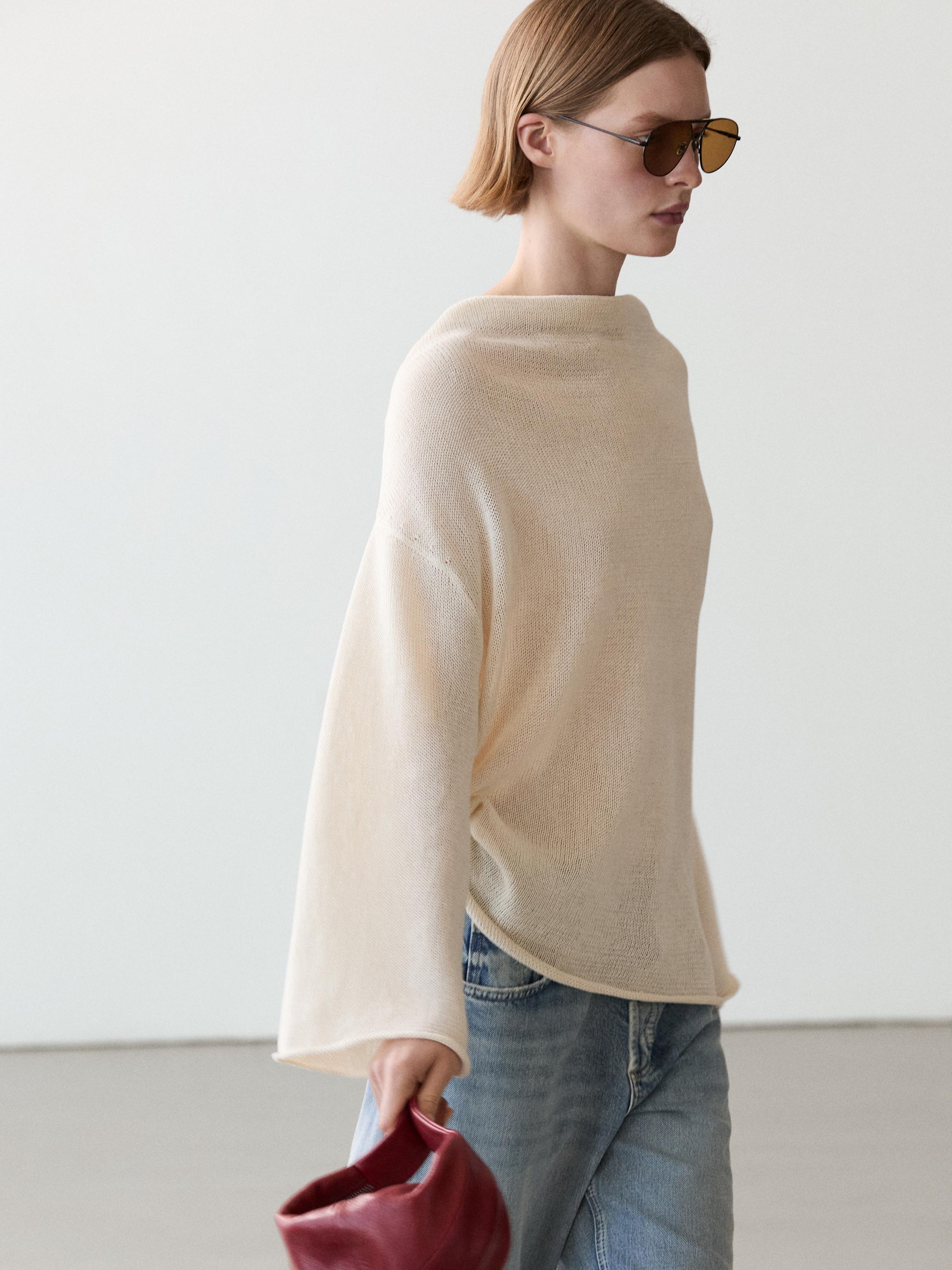 100% cotton knit sweater with back ties — BEIGE