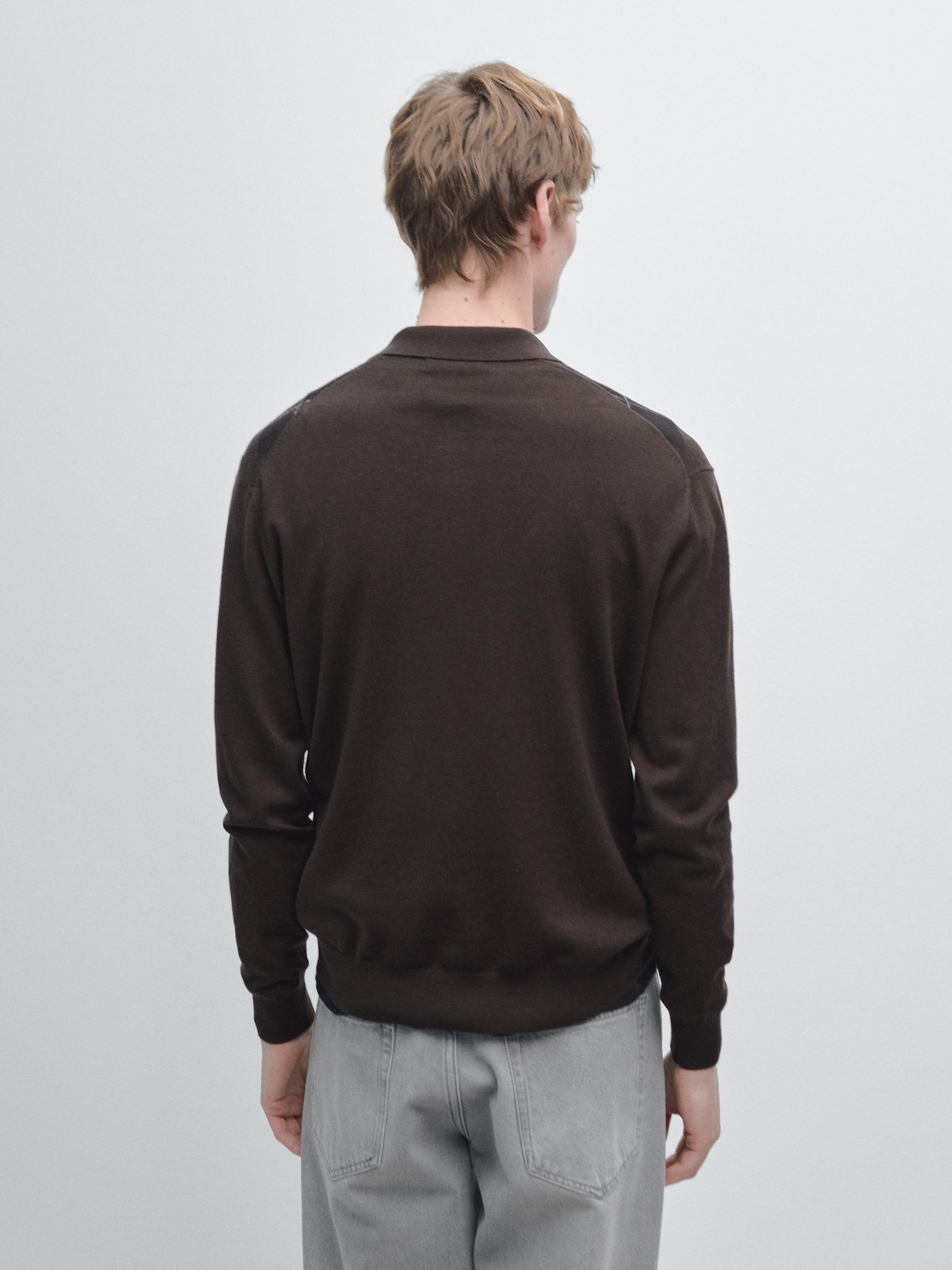Wool blend argyle knit polo sweater — BROWN