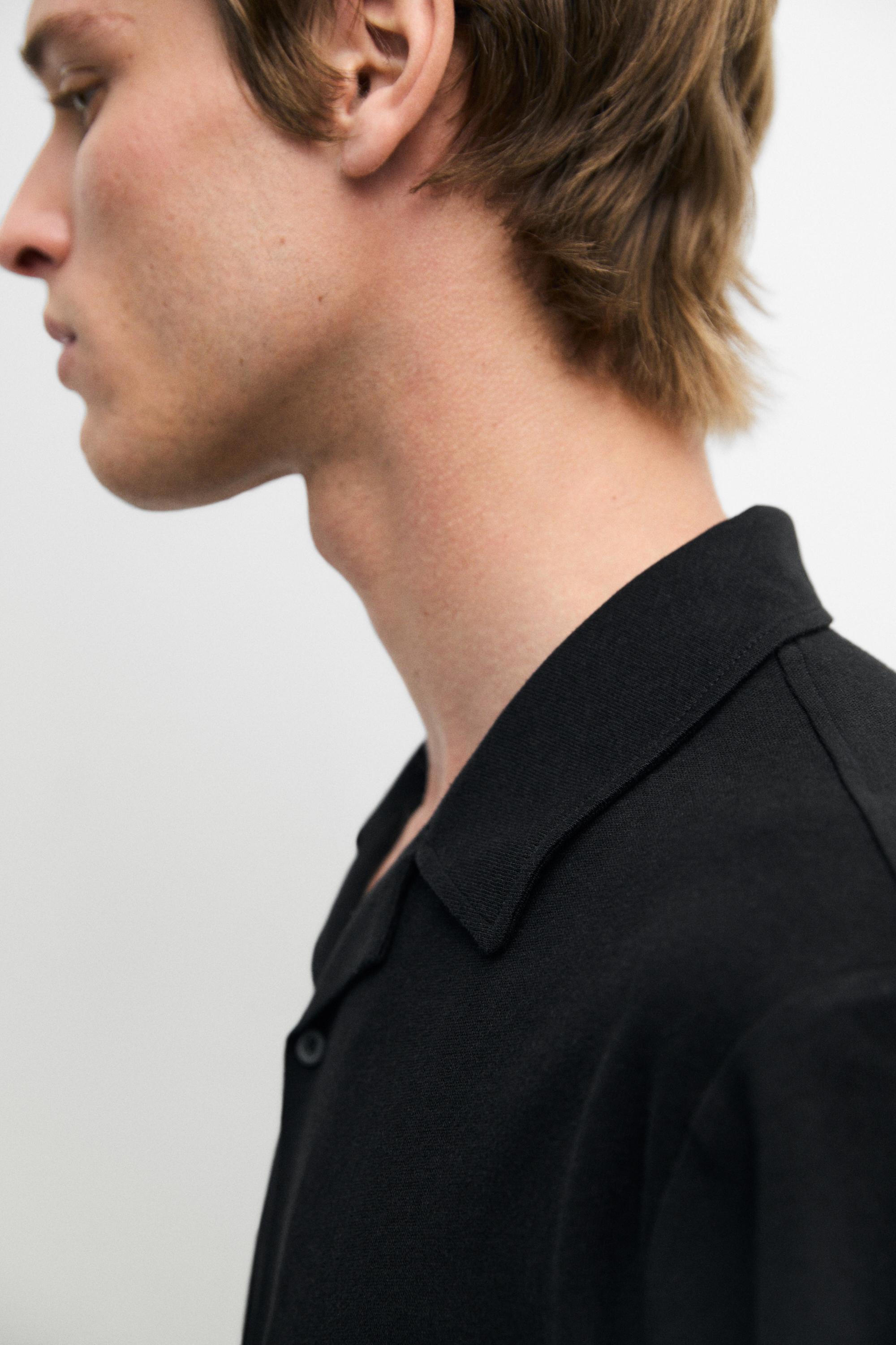 Regular fit short sleeve linen-cotton blend shirt — BLACK