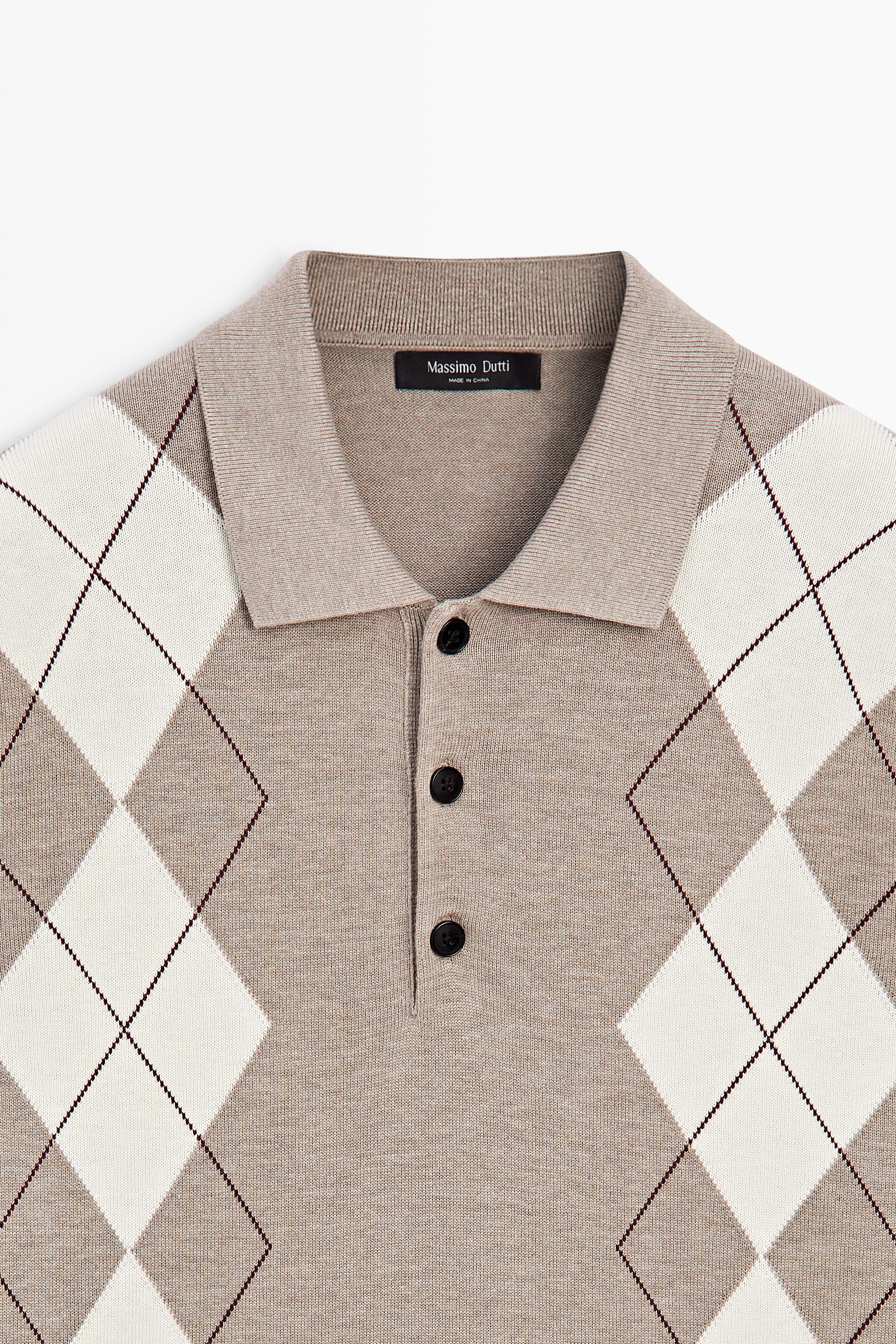 Cotton blend diamond pattern short sleeve polo shirt — BEIGE MARL