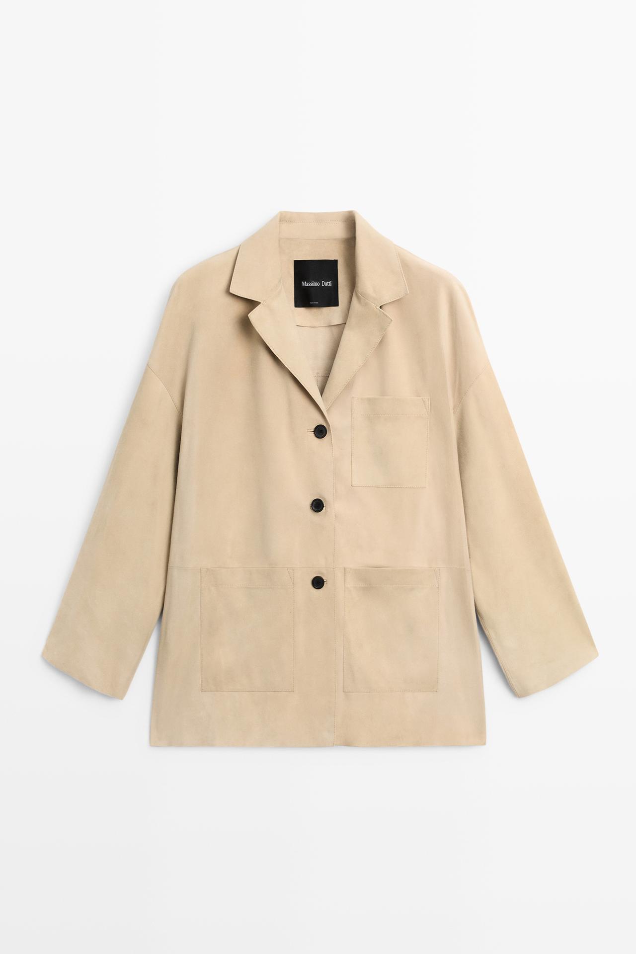 Suede leather blazer with pockets — BEIGE