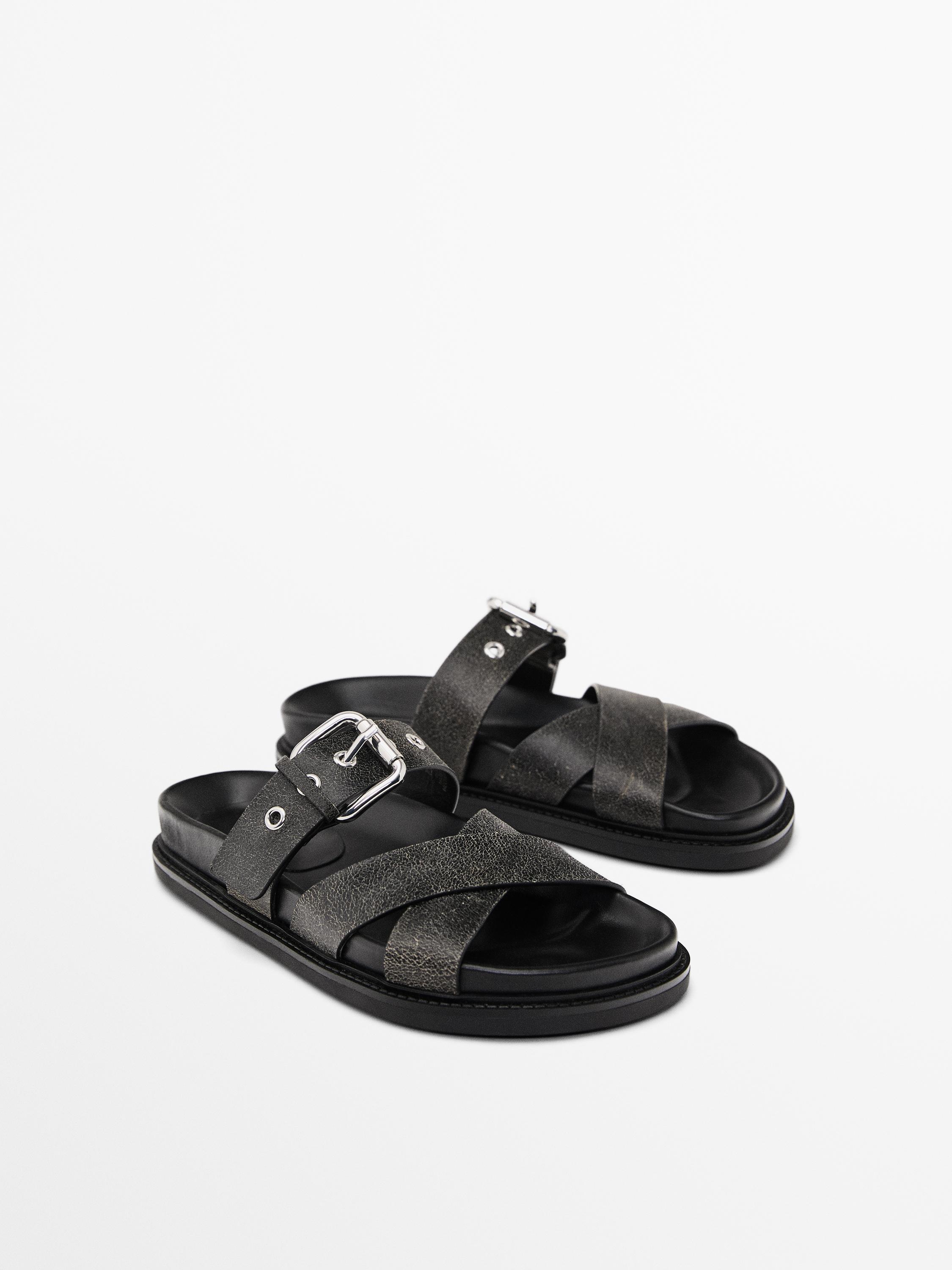 Crackled leather criss-cross sandals