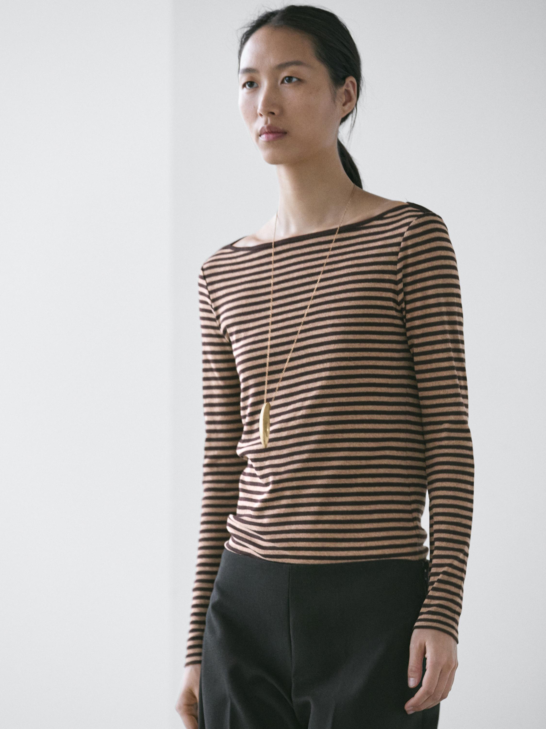 Striped long sleeve cotton T-shirt — BROWN