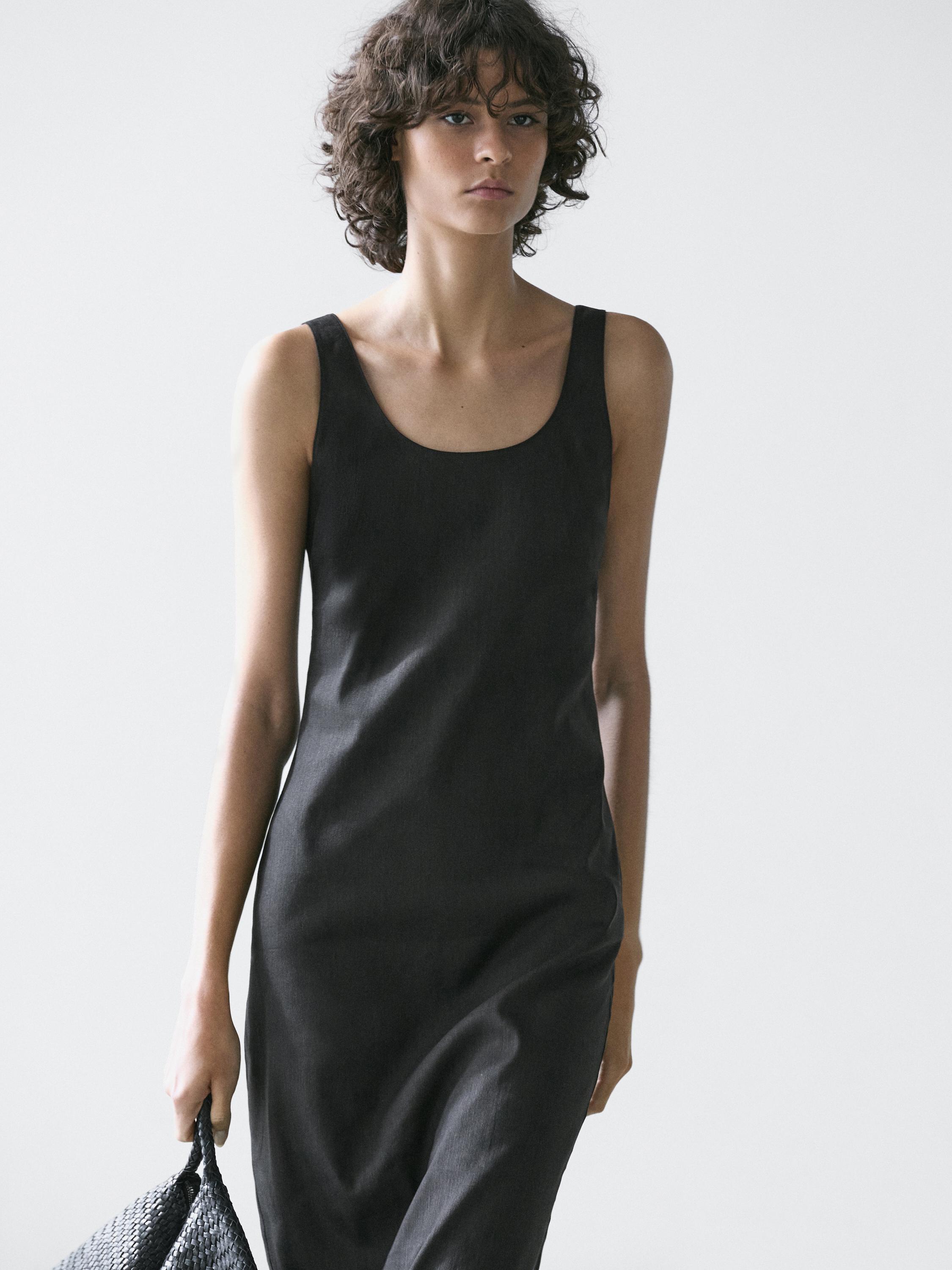 Flowing round neck midi dress — BLACK