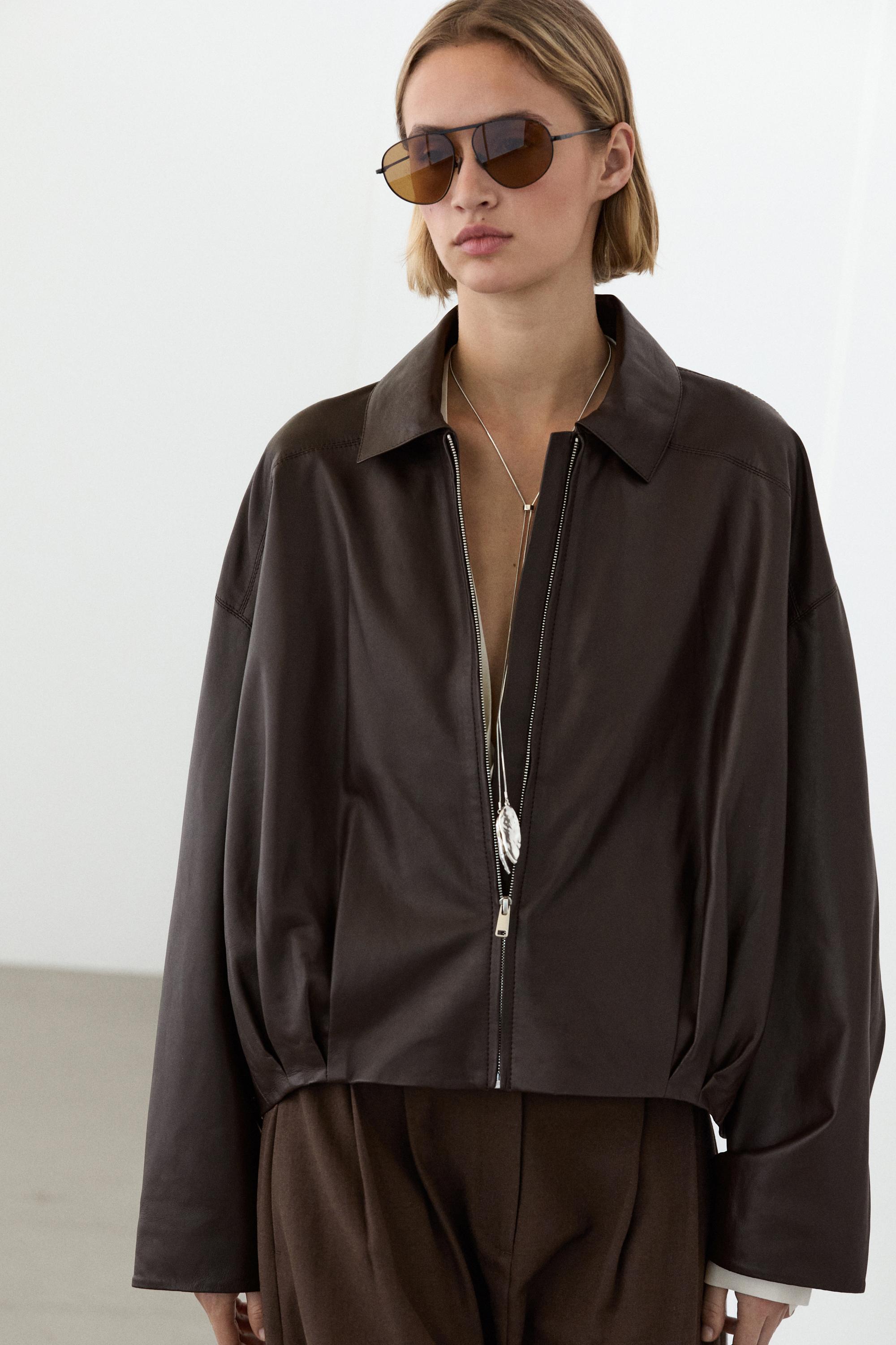 Nappa leather bomber jacket with pleat detail — BROWN