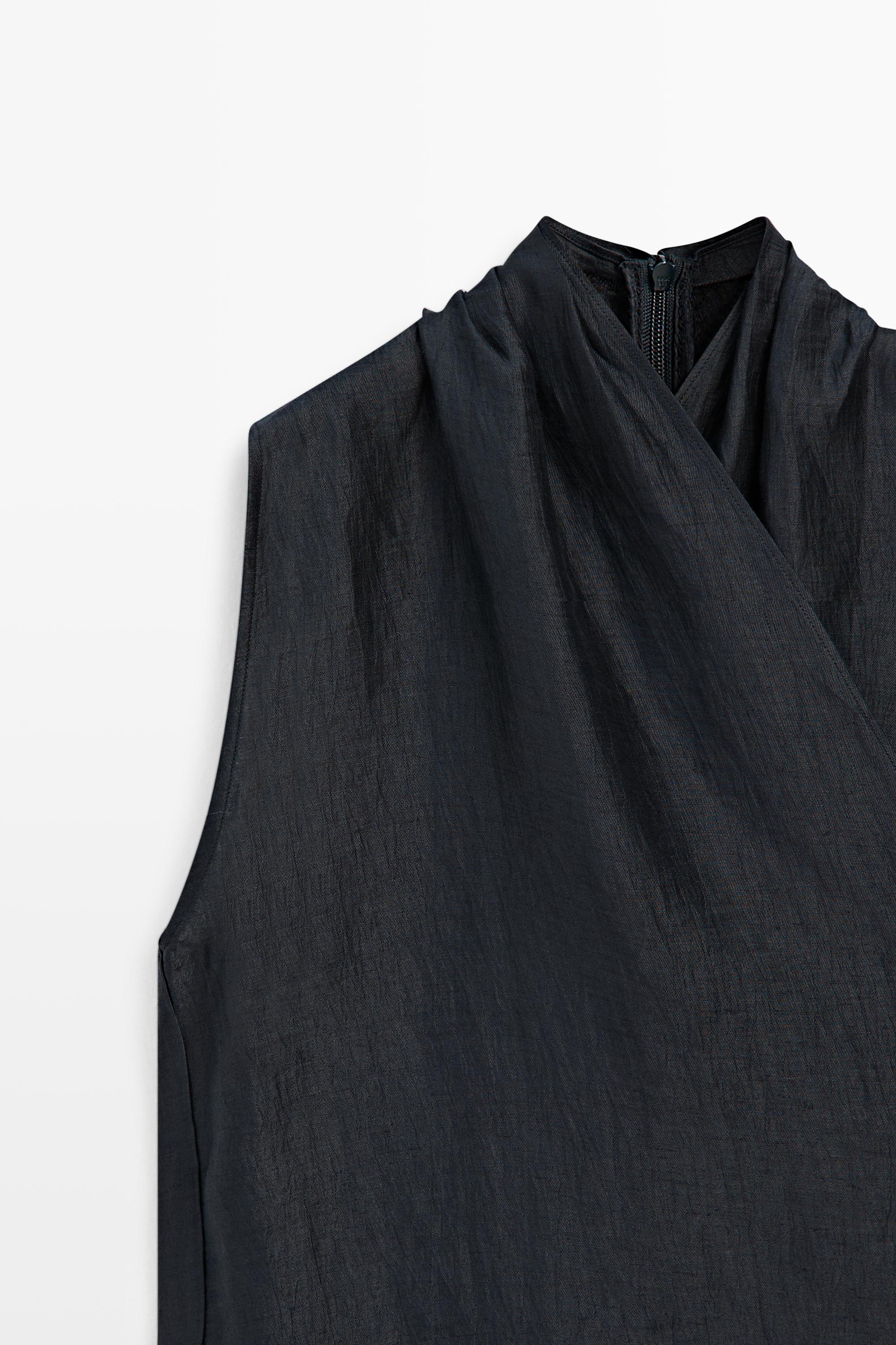 Linen blend sleeveless crossover top — NAVY BLUE