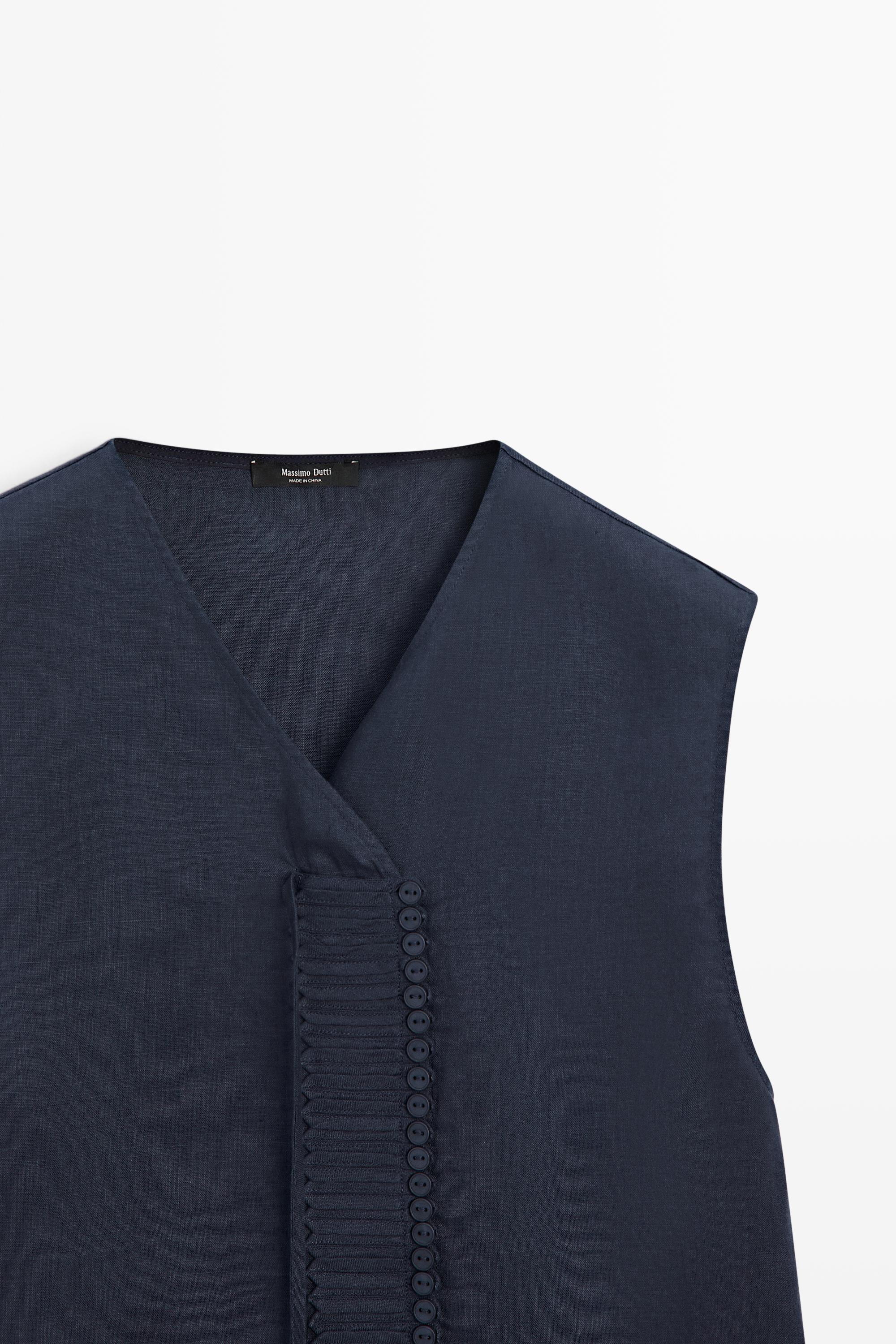 100% linen crossover top with button detail — NAVY BLUE