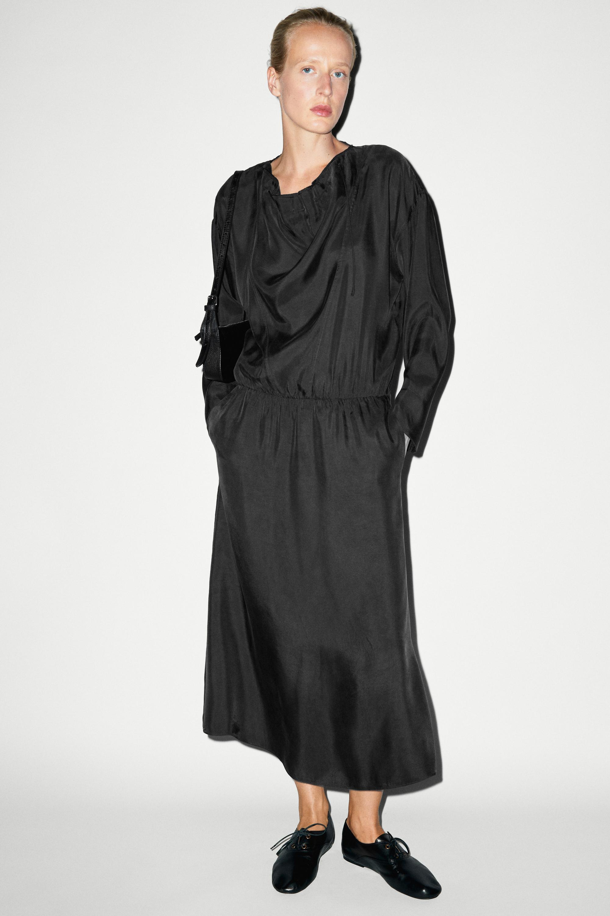 Fluid midi dress with collar detail — BLACK
