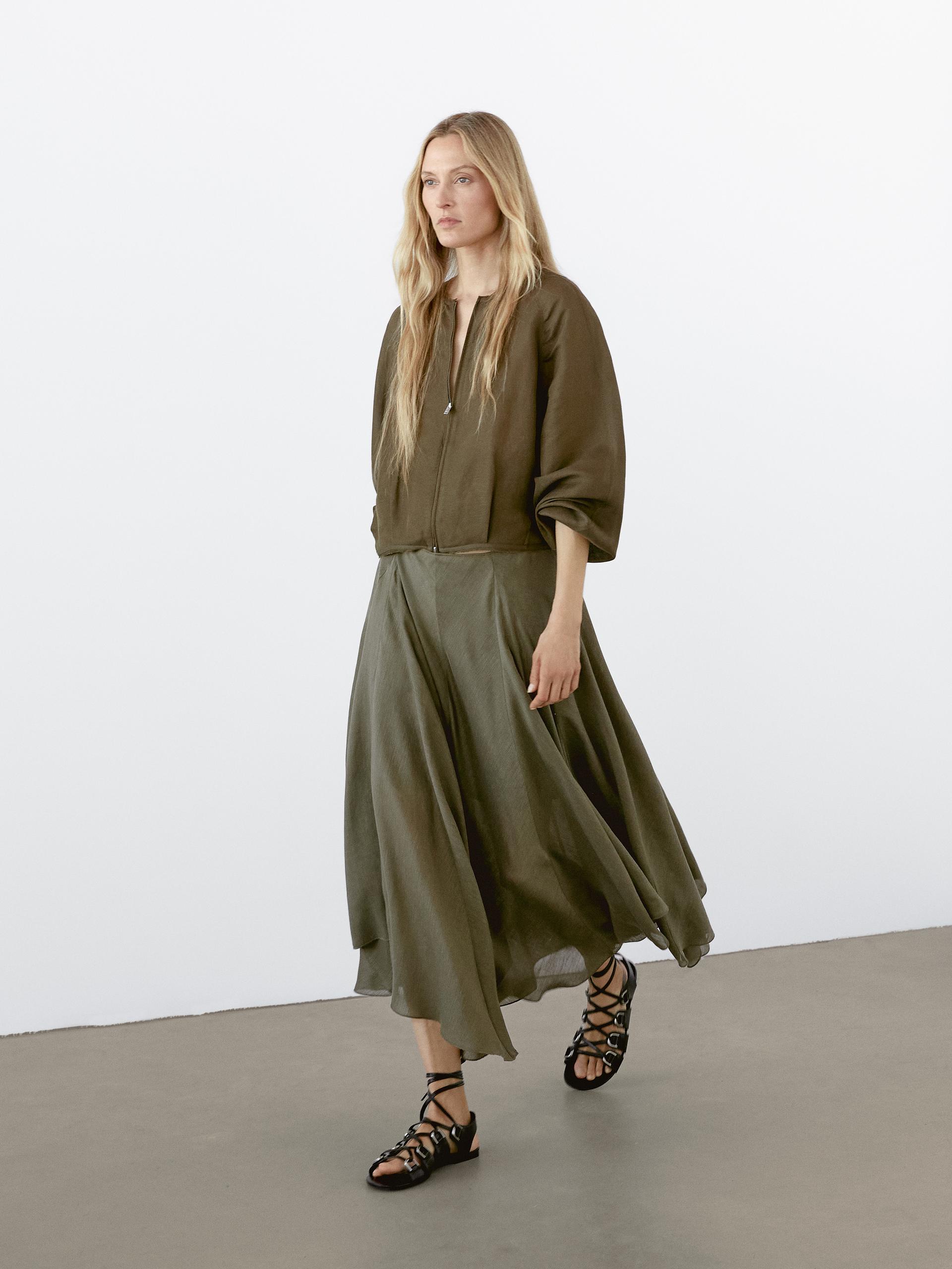 Jupe Midi Ample Lin Mélangé - Vert - 38 - Massimo Dutti - Femme