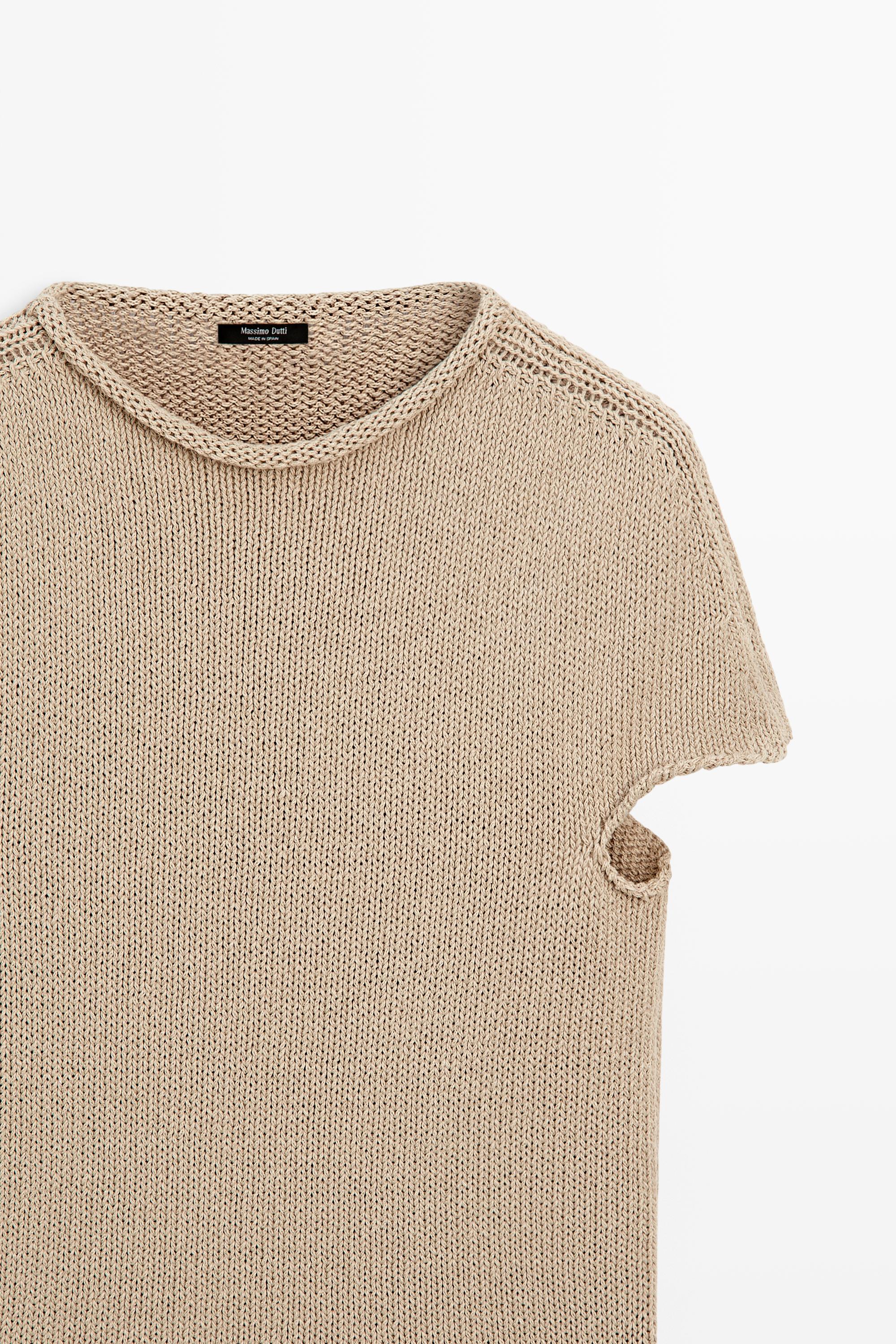 Cotton blend short sleeve rolled-neck sweater — BEIGE