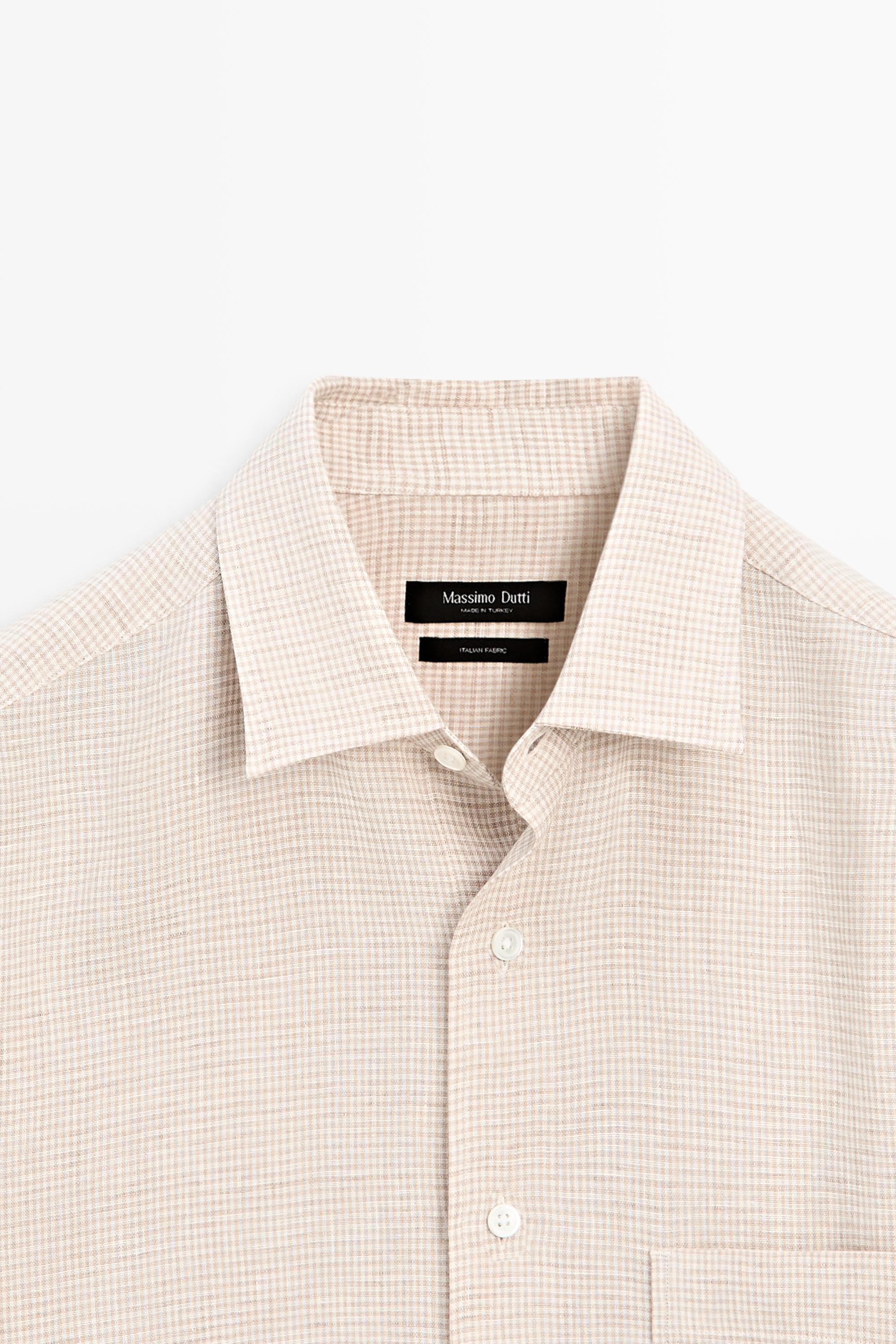 100% linen regular fit micro check shirt — CREAM