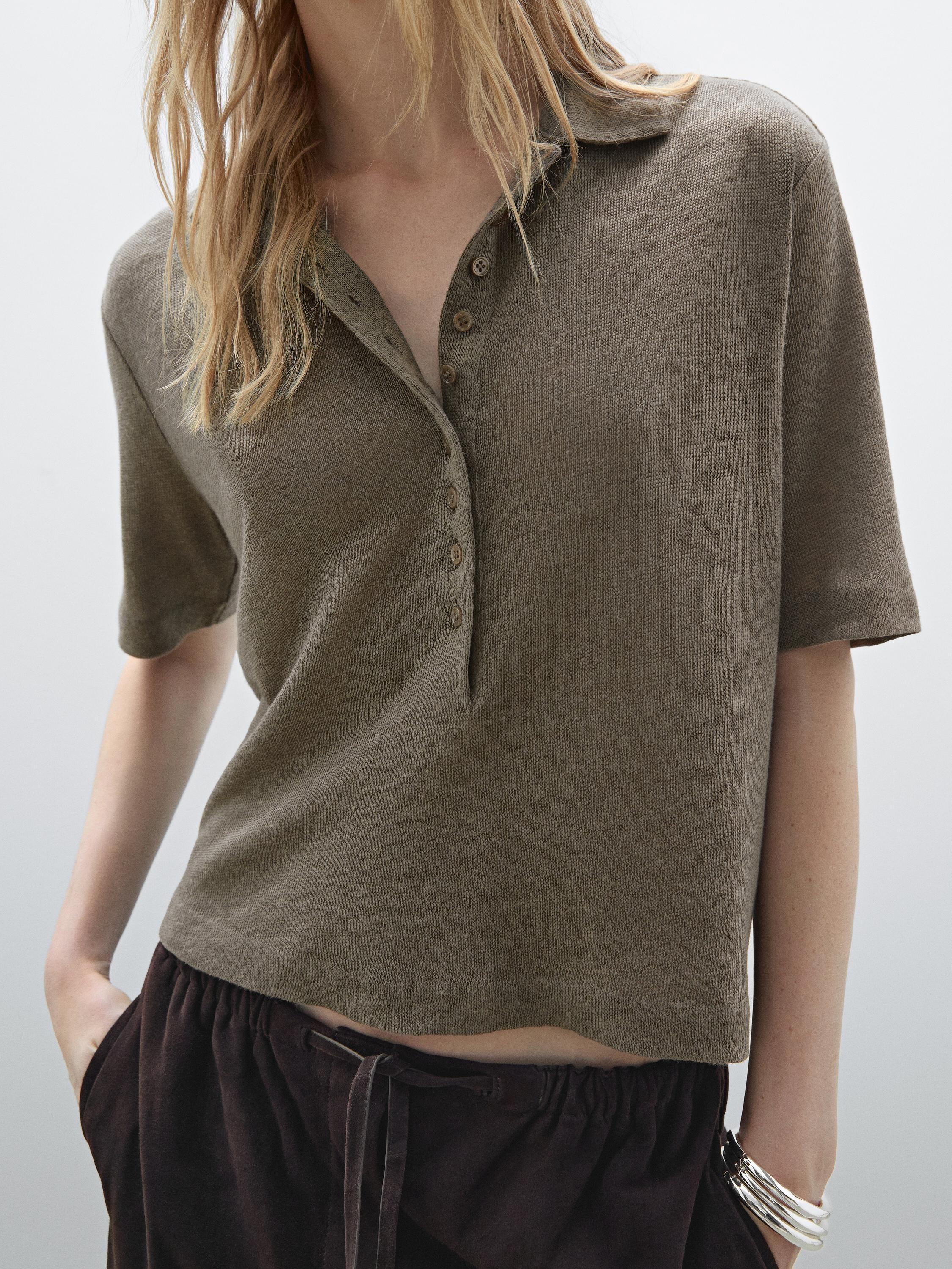 Short sleeve linen knit polo shirt