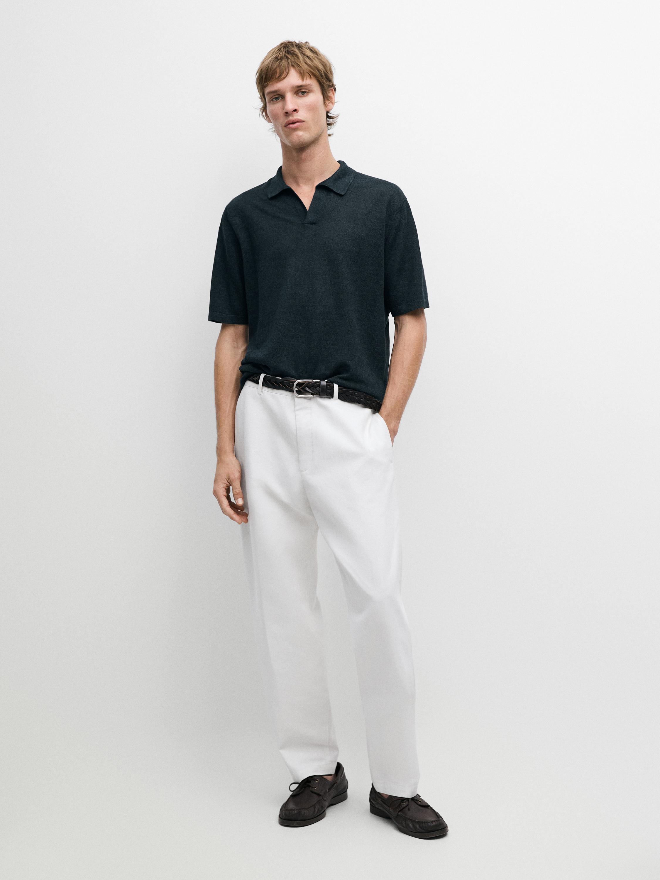 Linen V-neck polo sweater — NAVY BLUE