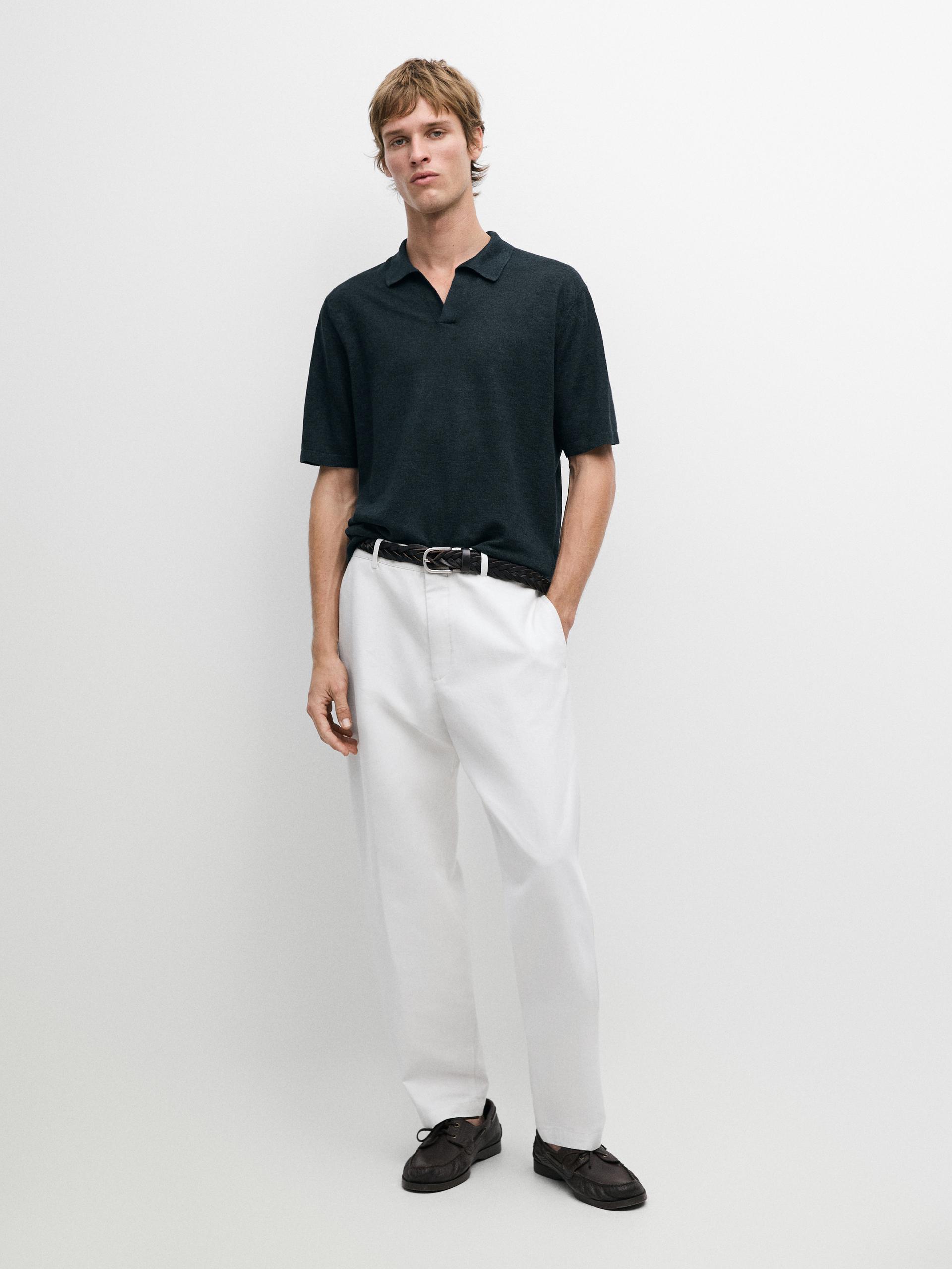 Maglia A Polo Scollo A V Lino - Blu Marino - M - Massimo Dutti - Maschile