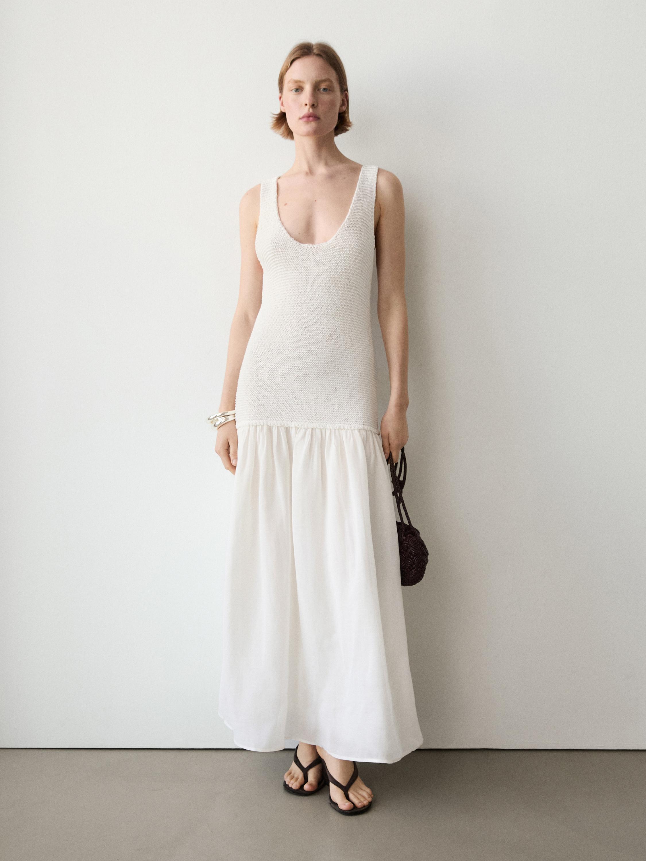 Long matching linen blend dress — PURE WHITE