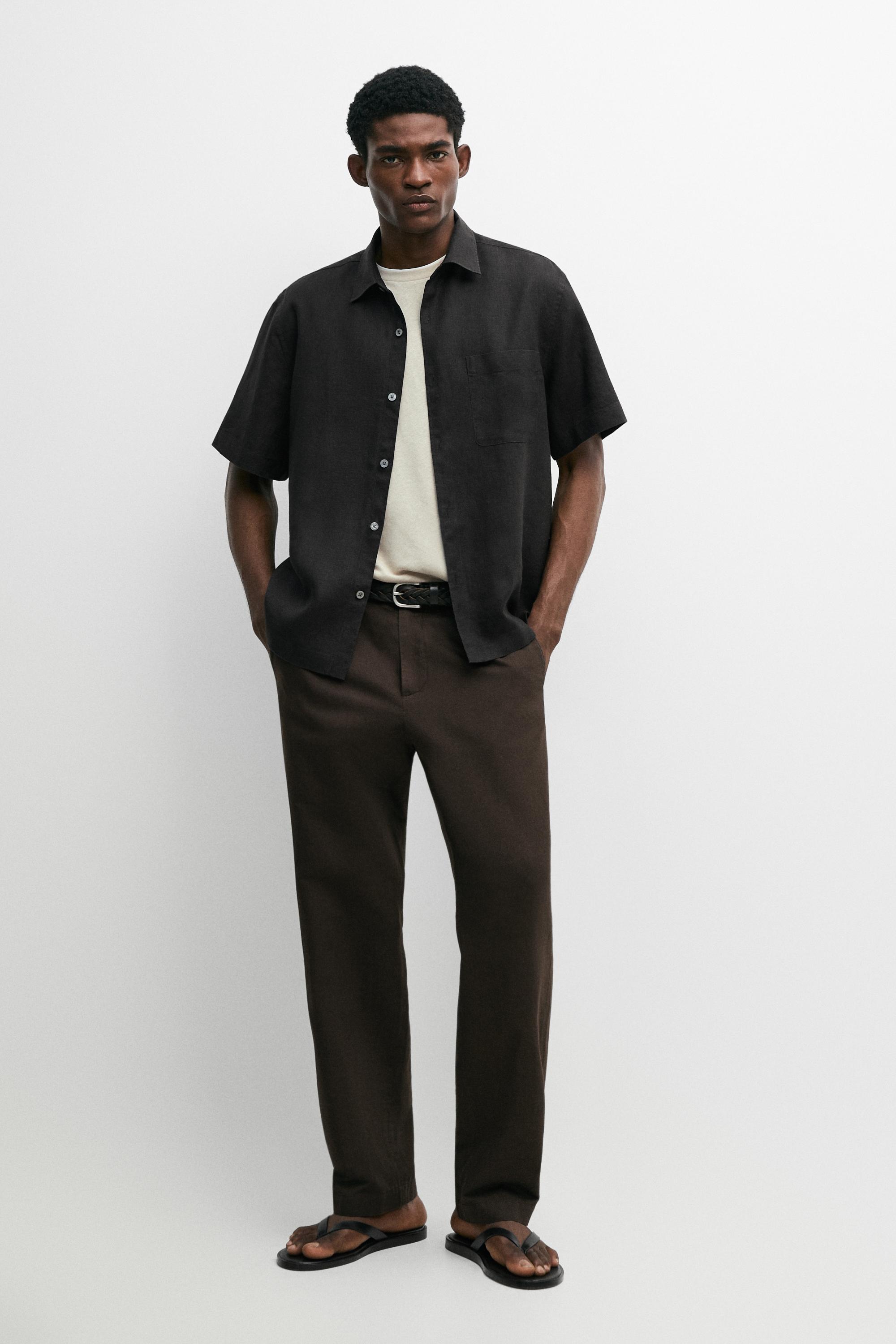 100% linen regular fit short sleeve shirt — BLACK