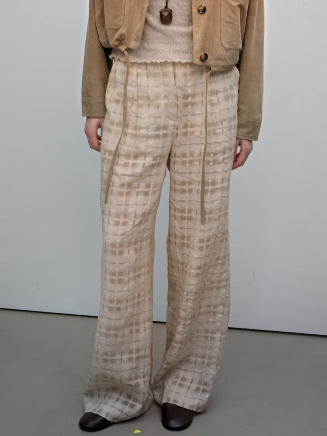Flowing linen blend check trousers