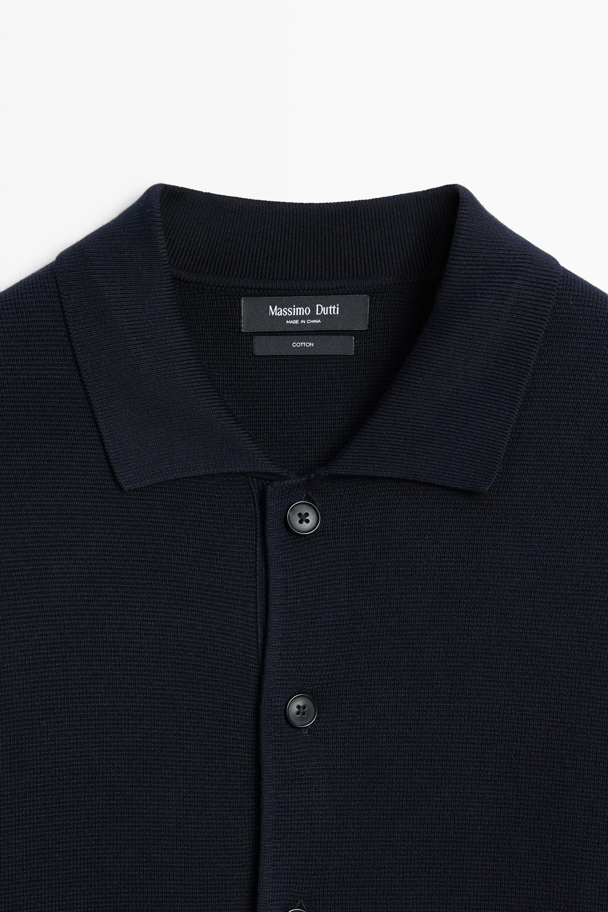 100% cotton knit polo collar cardigan — NAVY BLUE