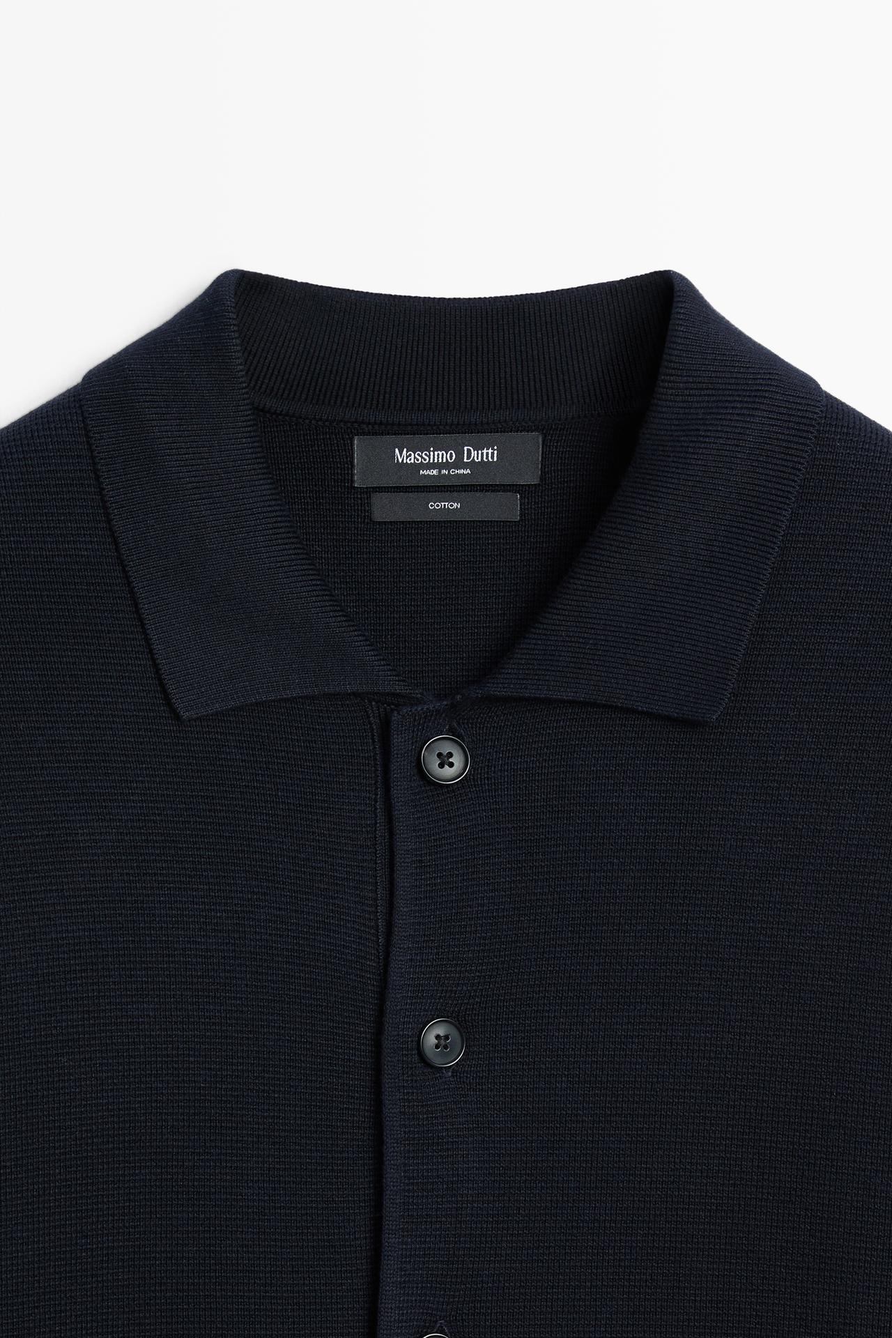 100% cotton knit polo collar cardigan — NAVY BLUE