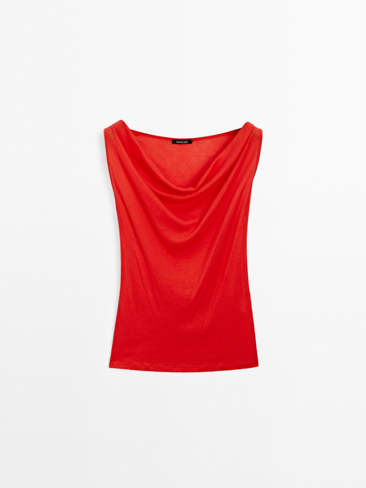 Massimo Dutti - Dame - Top I 100 % Bomuld Med Draperet Halsudskæring - Rød - S