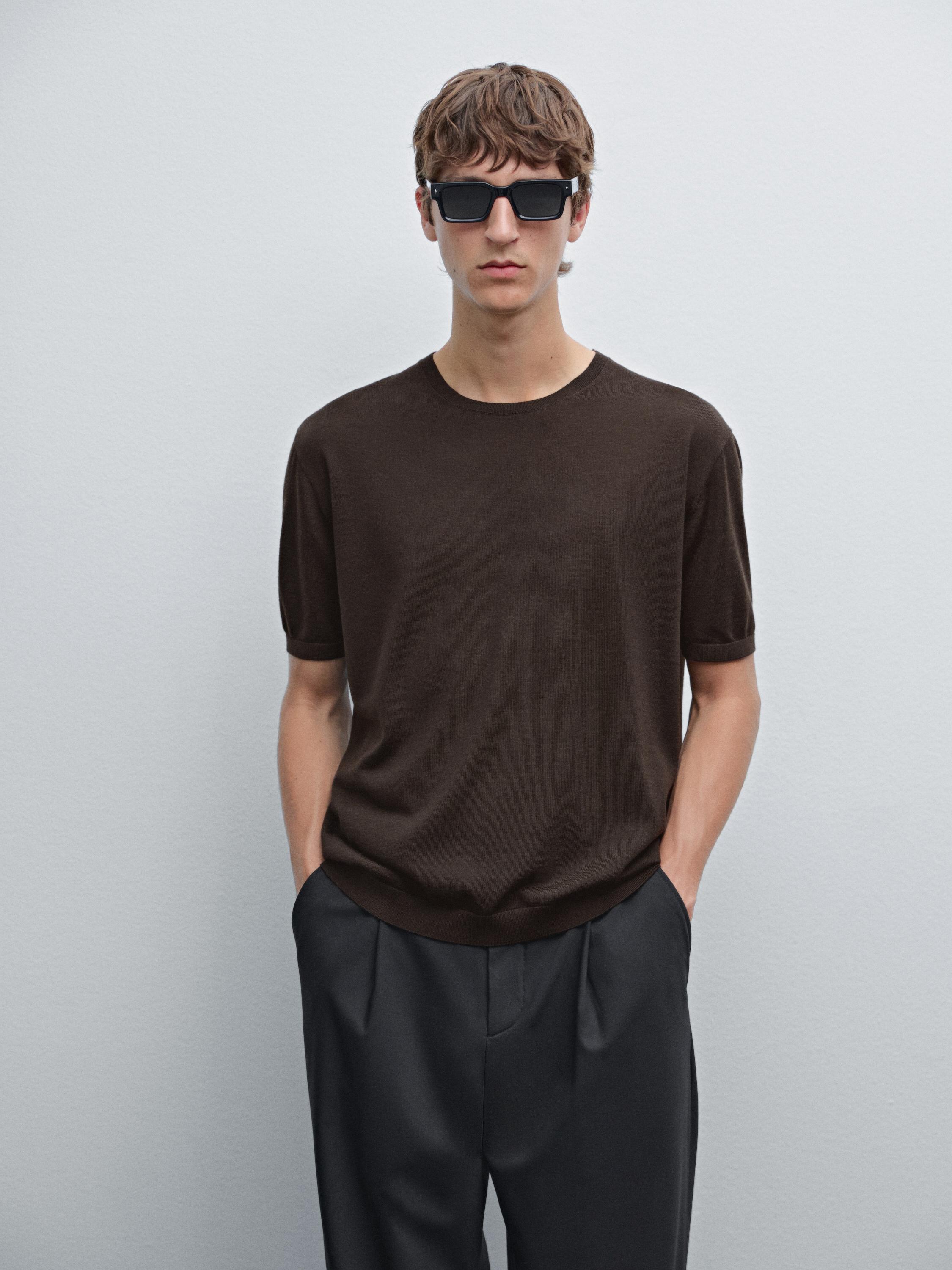 Short-sleeved wool-blend knit T-shirt