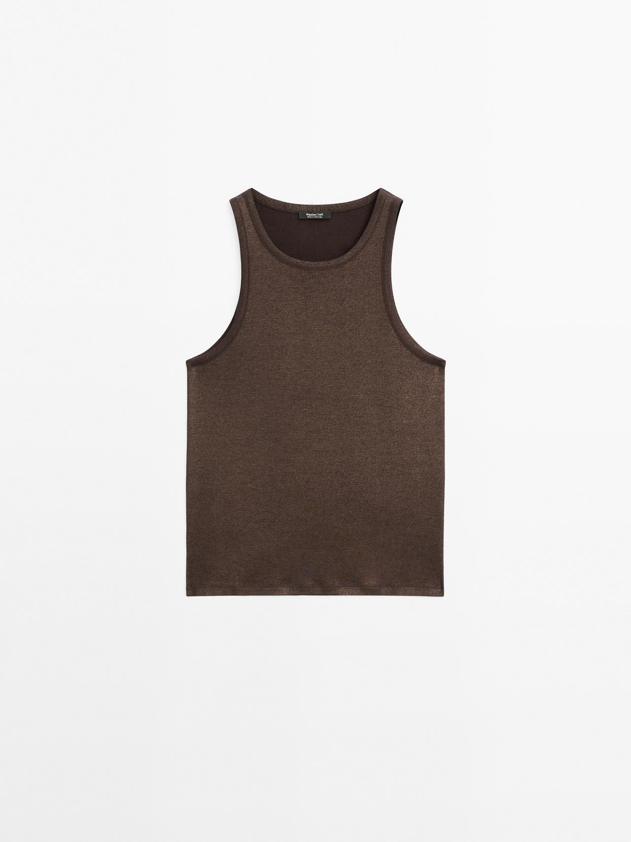 Massimo Dutti - Dame - Top Med Rund Hals Og Glimmerdetalje - Brun - Xs