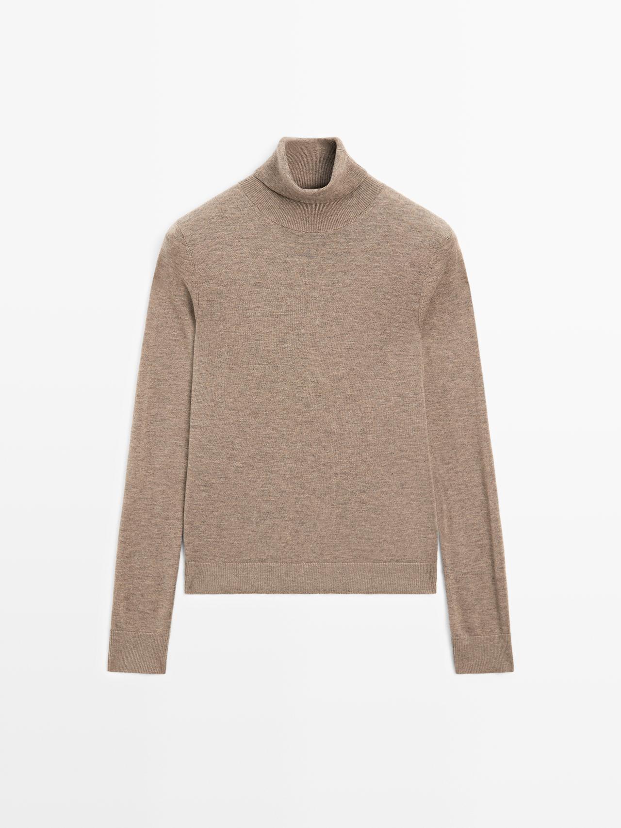 Massimo Dutti - Dame - Striktrøje I Uldblanding Med Høj Hals - Brun - L