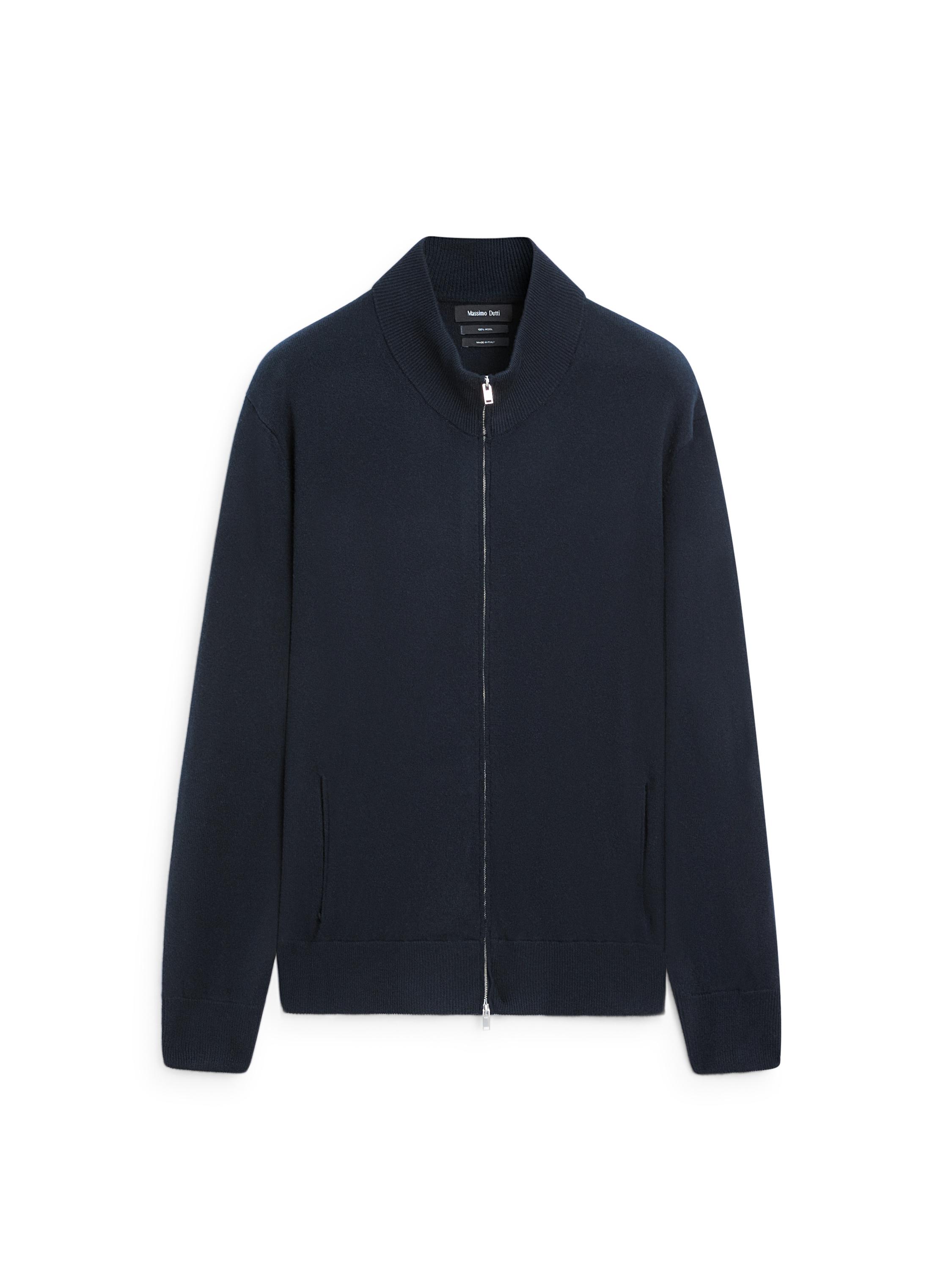 Wool zip-up knit cardigan — NAVY BLUE