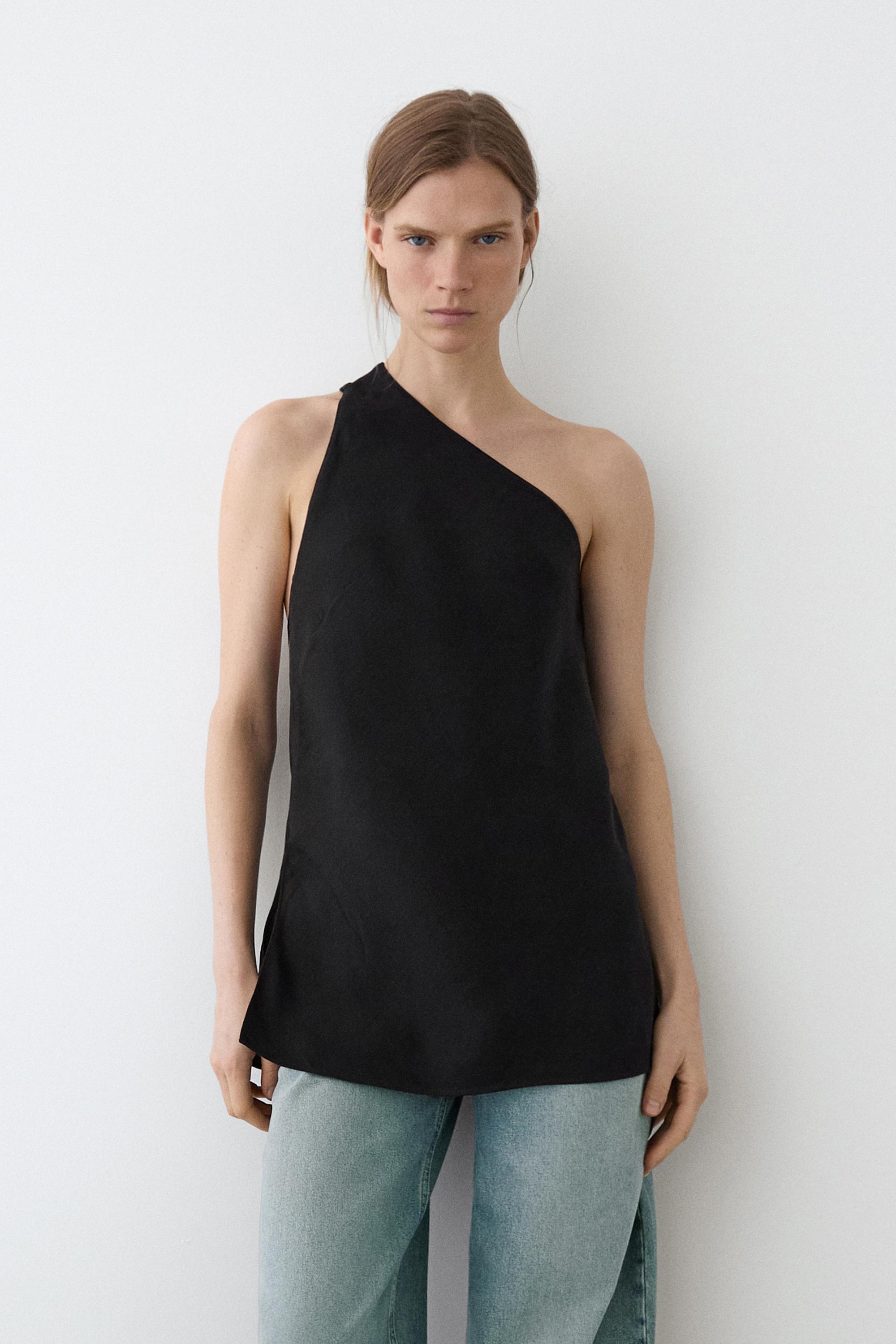 Asymmetric linen blend top with back detail — BLACK