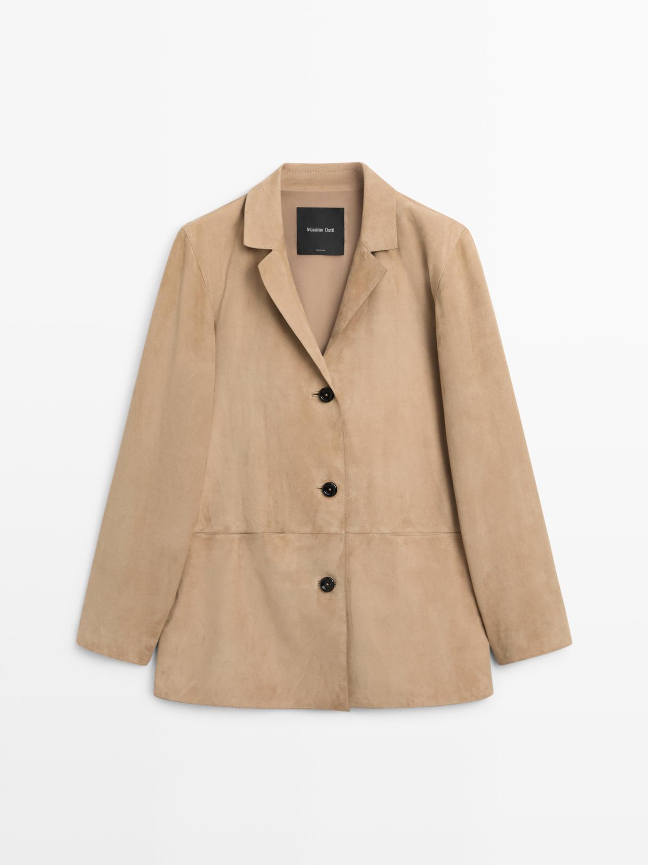 100% suede leather blazer with pocket details — SAND