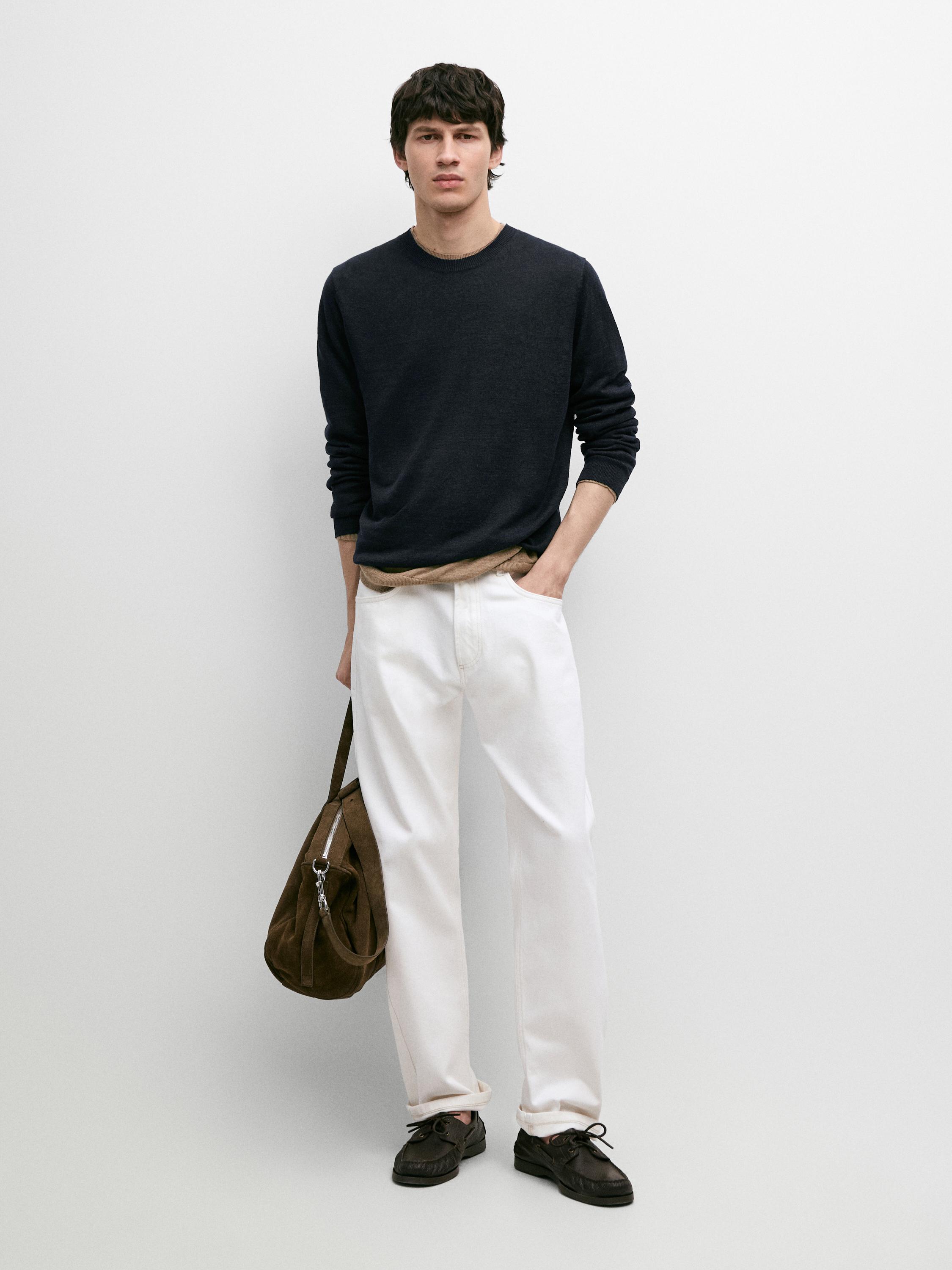 100% linen knit crew neck sweater — NAVY BLUE