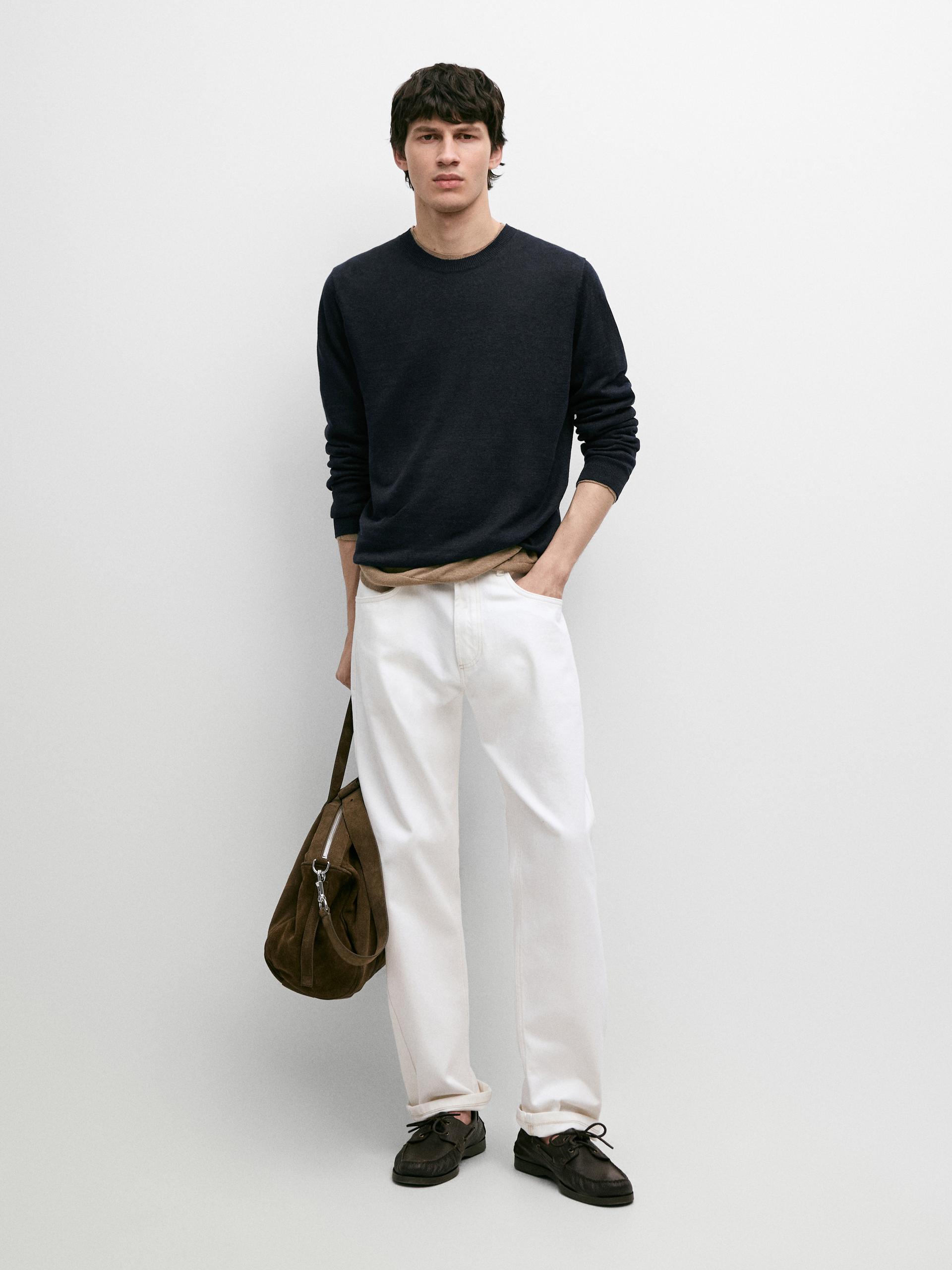 Pull En Maille 100 % Lin À Col Rond - Bleu Marine - M - Massimo Dutti - Homme