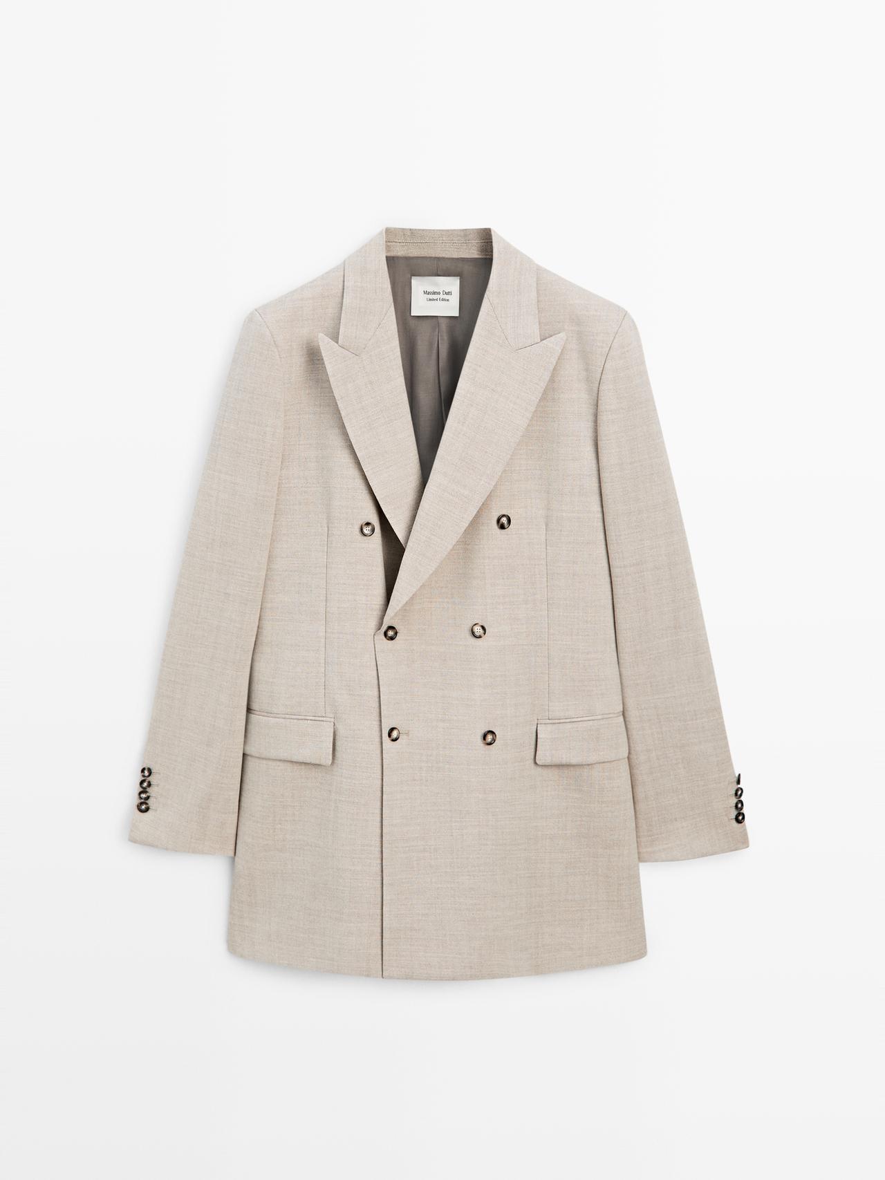 Massimo Dutti - Dame - Lang Dobbeltradet Blazer I 100% Uld - Limited - Grå - 38