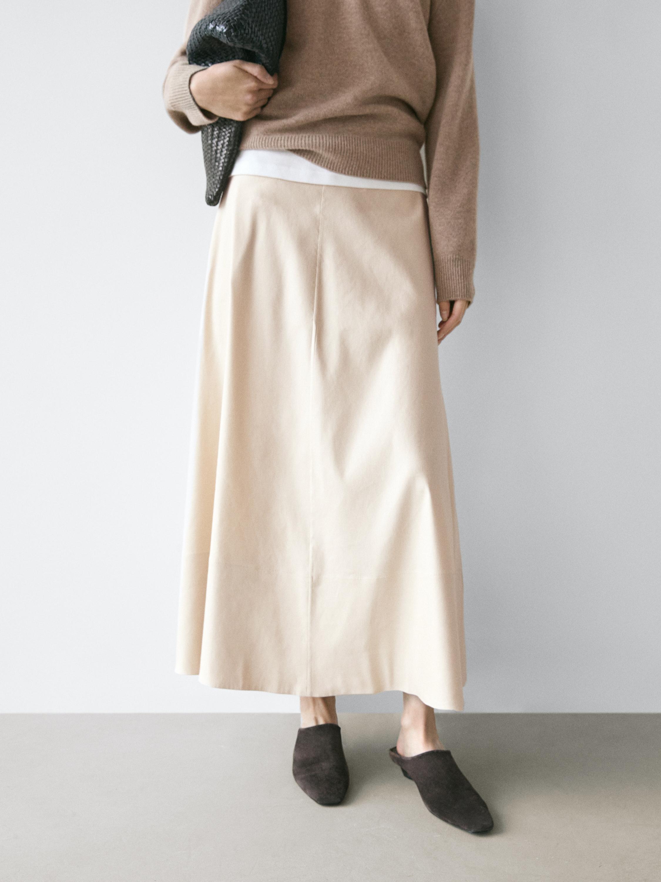 Linen blend flared skirt with pocket — CREAM