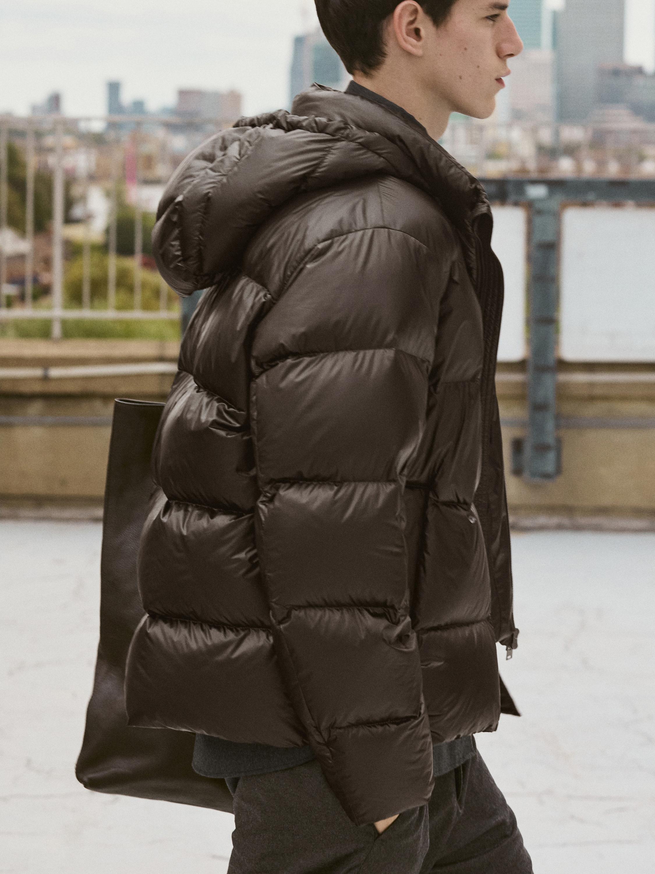 Water-repellent satin puffer jacket