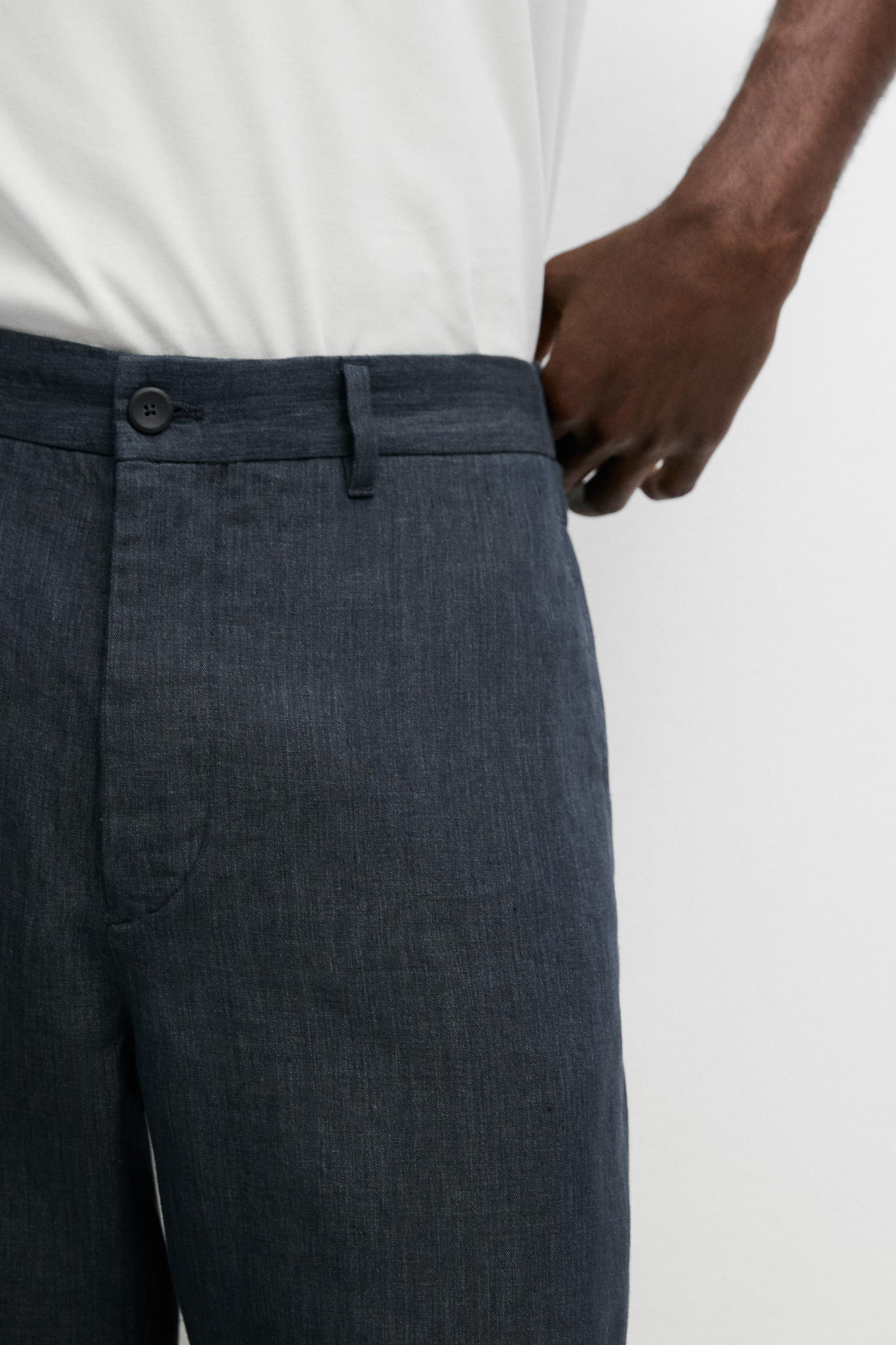 100% Linen Elastic-Waist Pants — NAVY BLUE