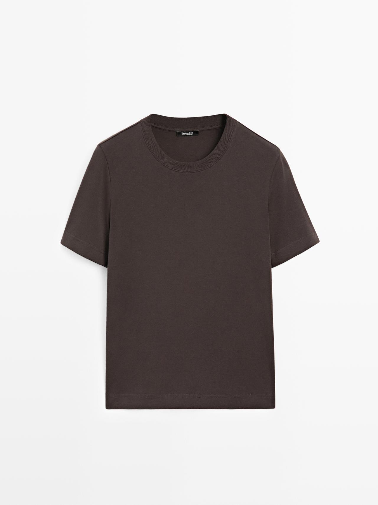 Massimo Dutti - Dame - T-Shirt Med Rund Hals I 100% Bomuld - Brun - Xl