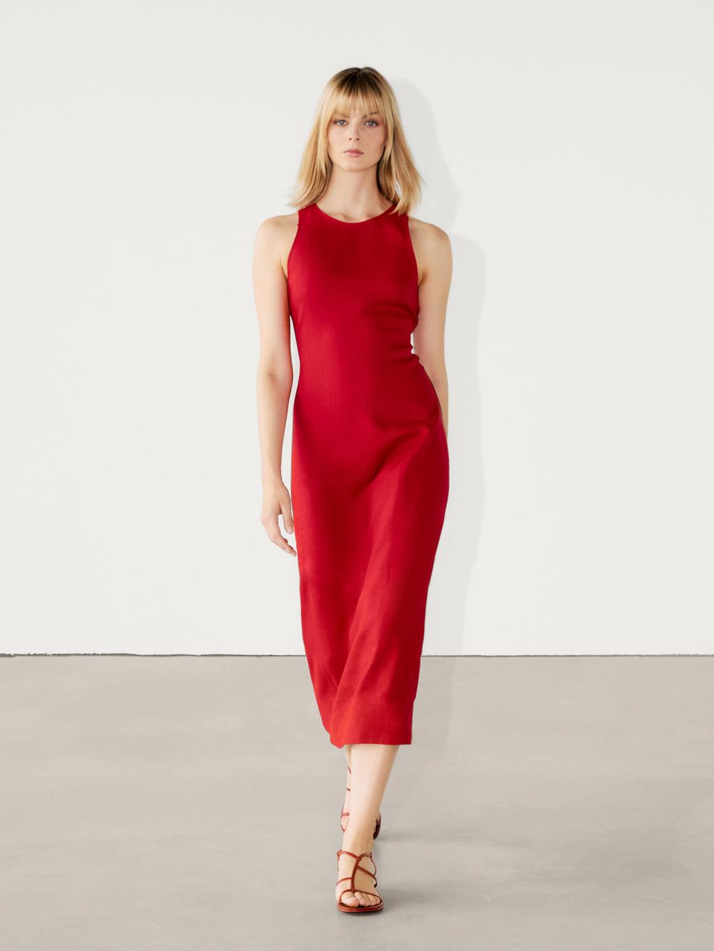 100 Linen Crew Neck Midi Dress Cherry Red Cream Smart Dresses 100-linen-crew-neck-midi-dress-cherry-red-cream-smart-dresses