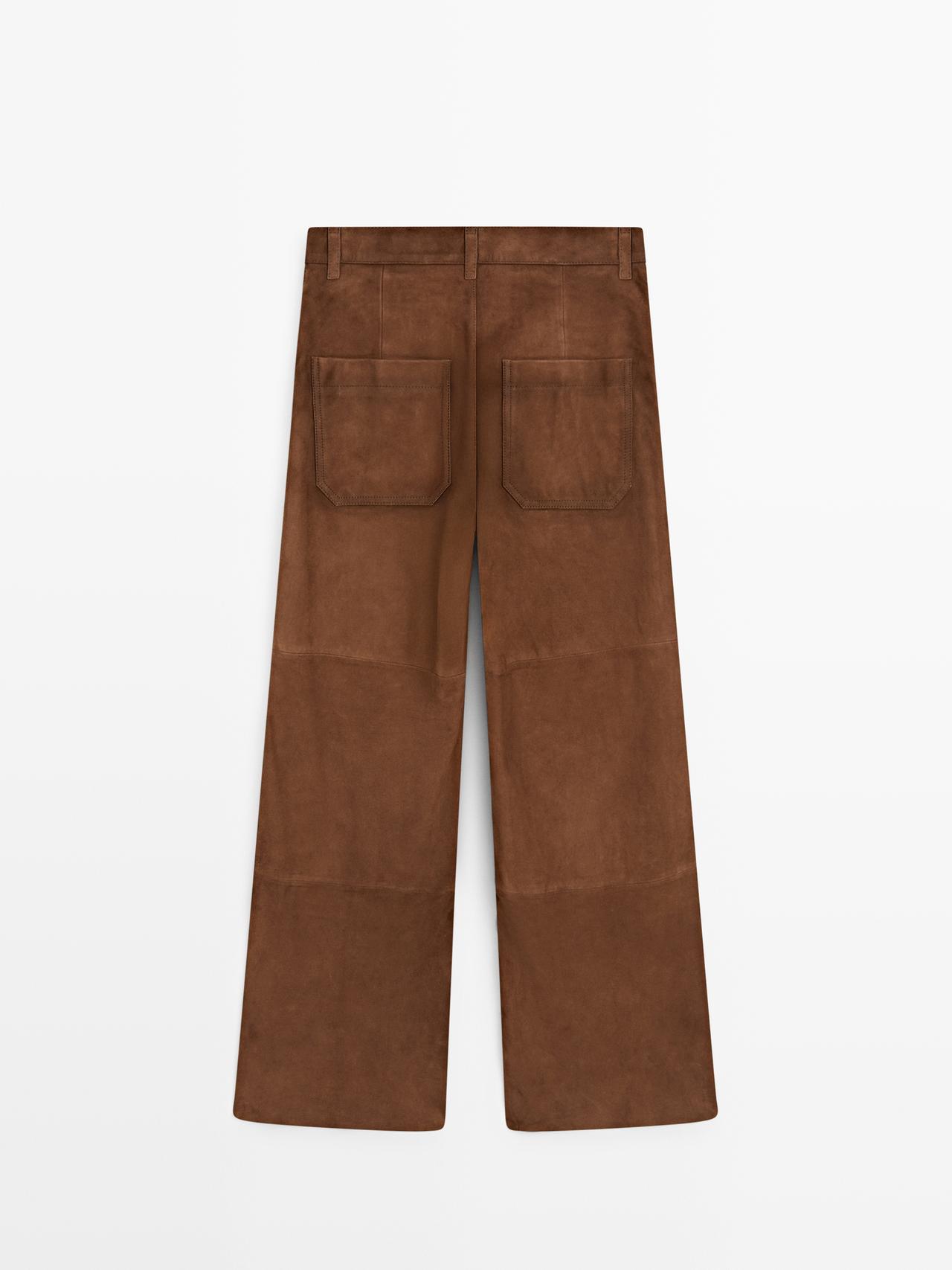 Suede leather wide-leg trousers with pockets — BROWN