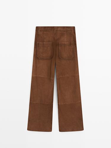 Suede leather wide-leg trousers with pockets — BROWN 5