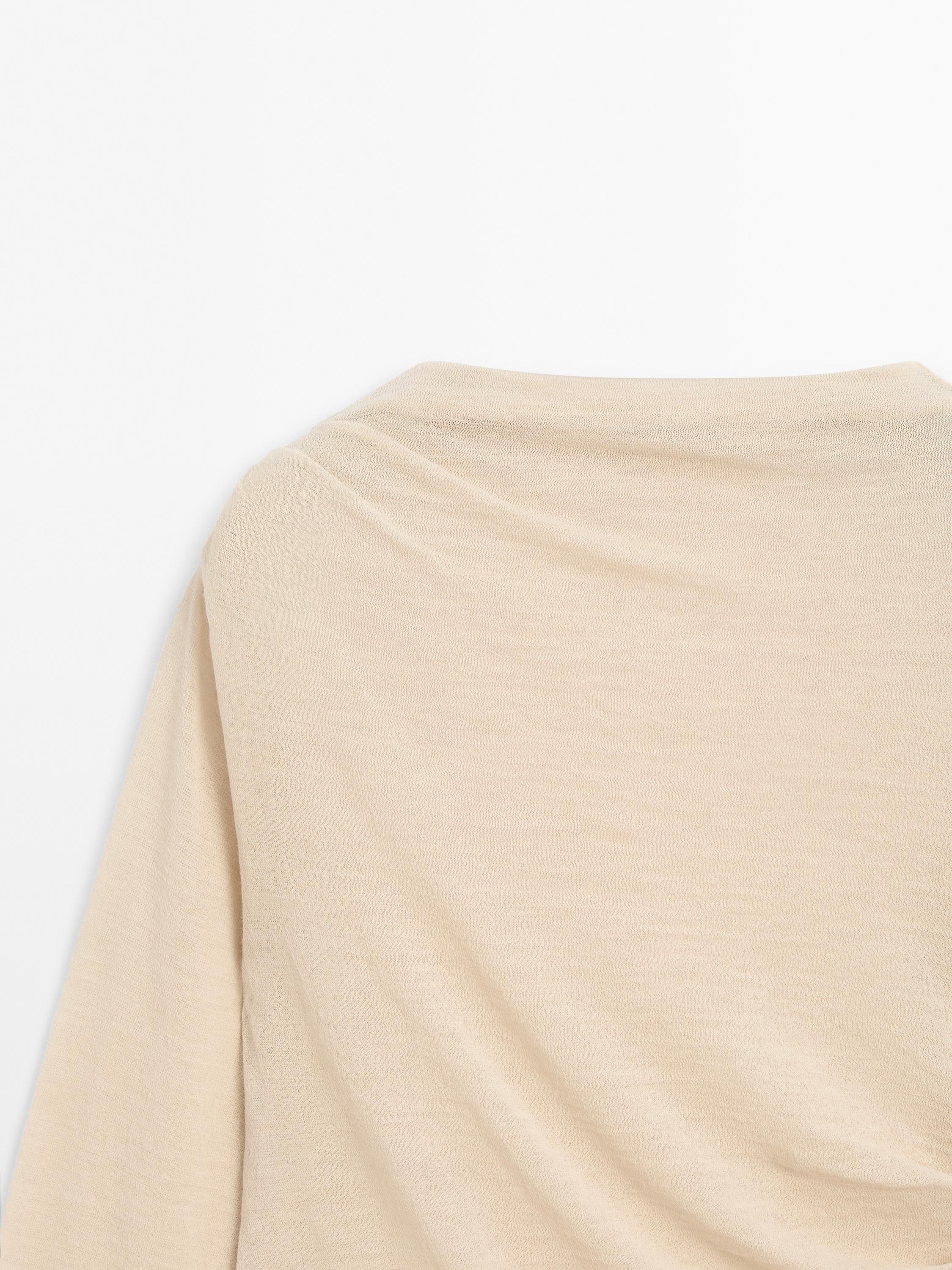Wool blend knit T-shirt with gathered detail