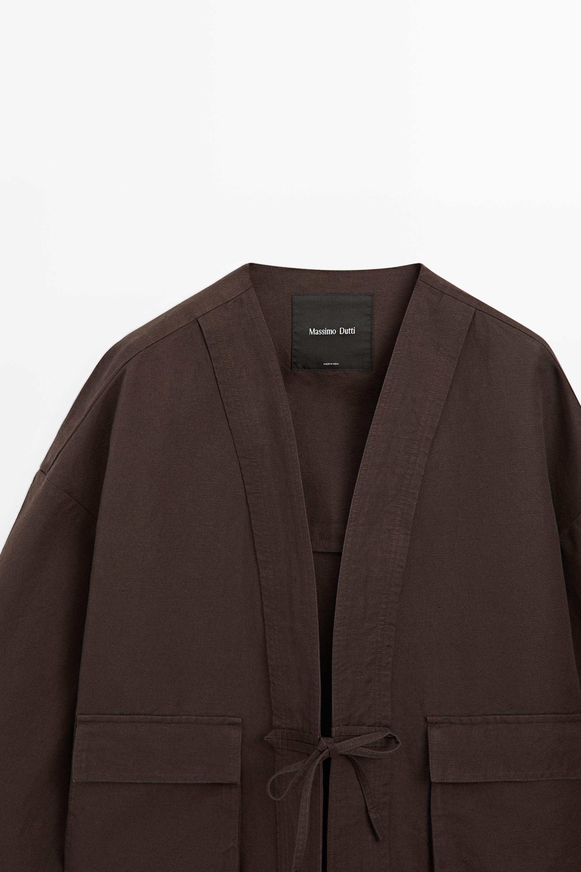 Cotton and linen pocket kimono — BROWN