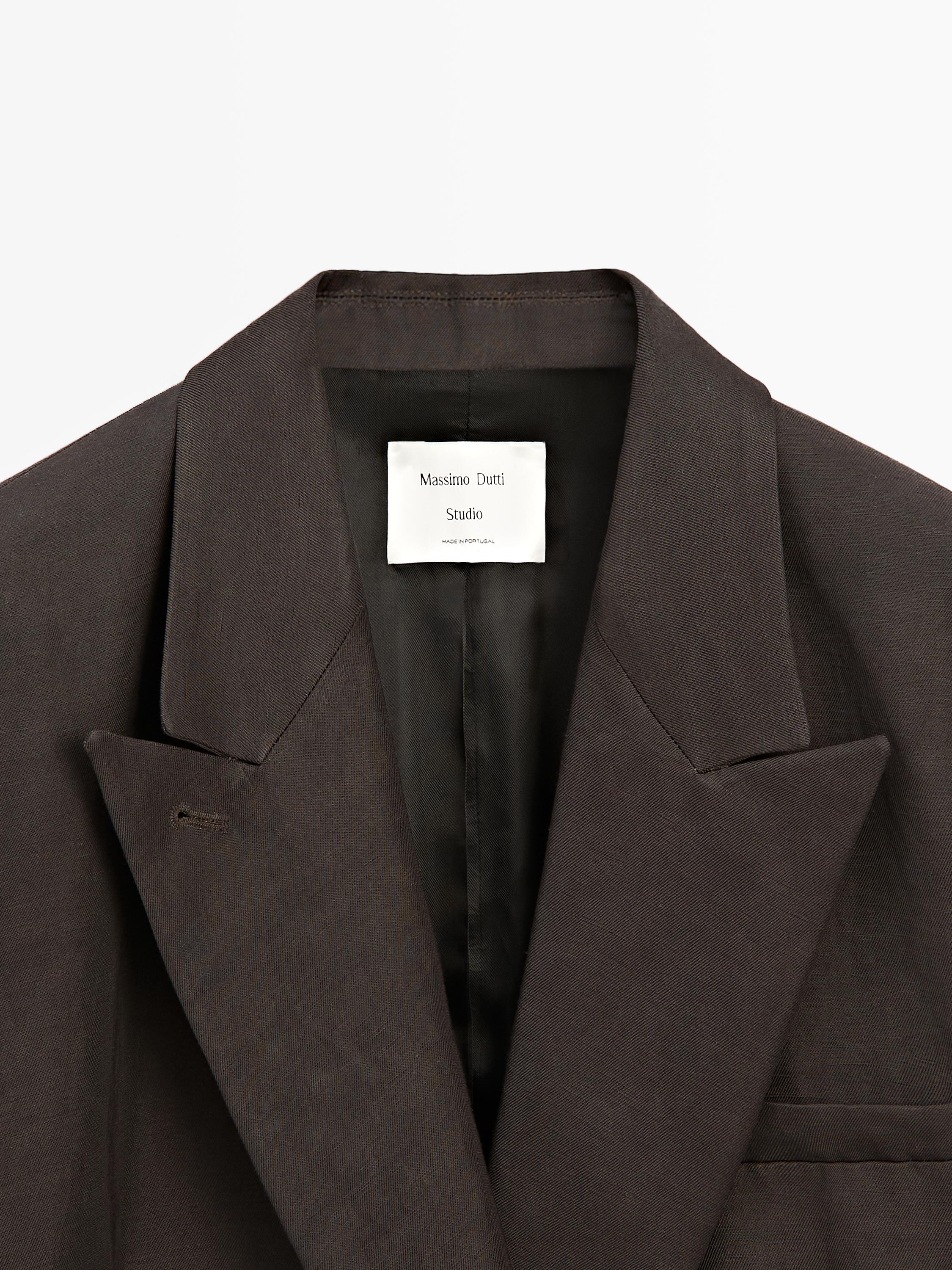 Double-breasted linen blend blazer - STUDIO — BROWN