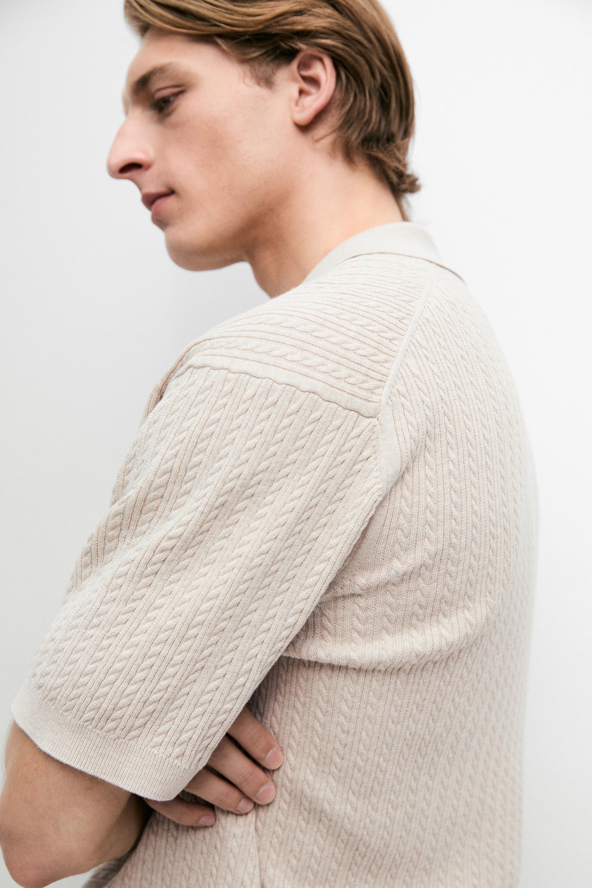 100% cotton cable-knit polo sweater — BEIGE
