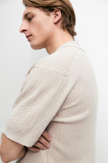 100% cotton cable-knit polo sweater — BEIGE 8