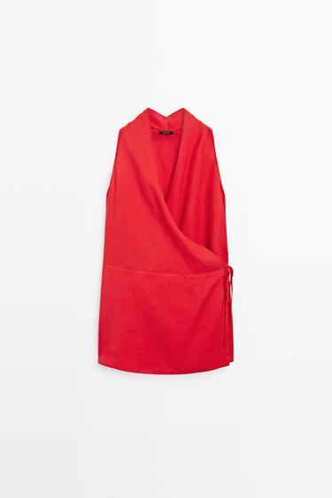 100% linen surplice mini dress — RED 2