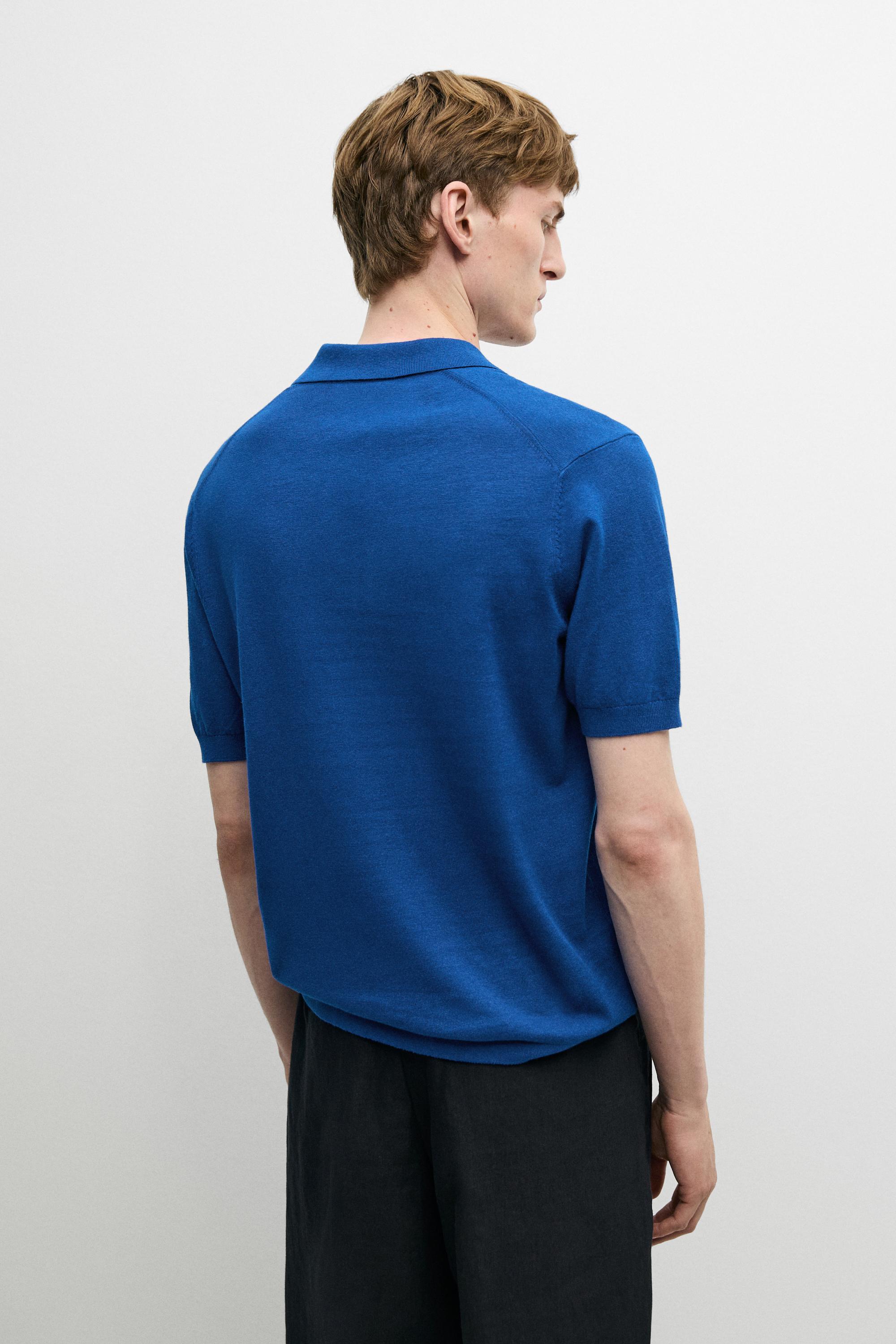 Cotton and linen knit polo sweater — Blue