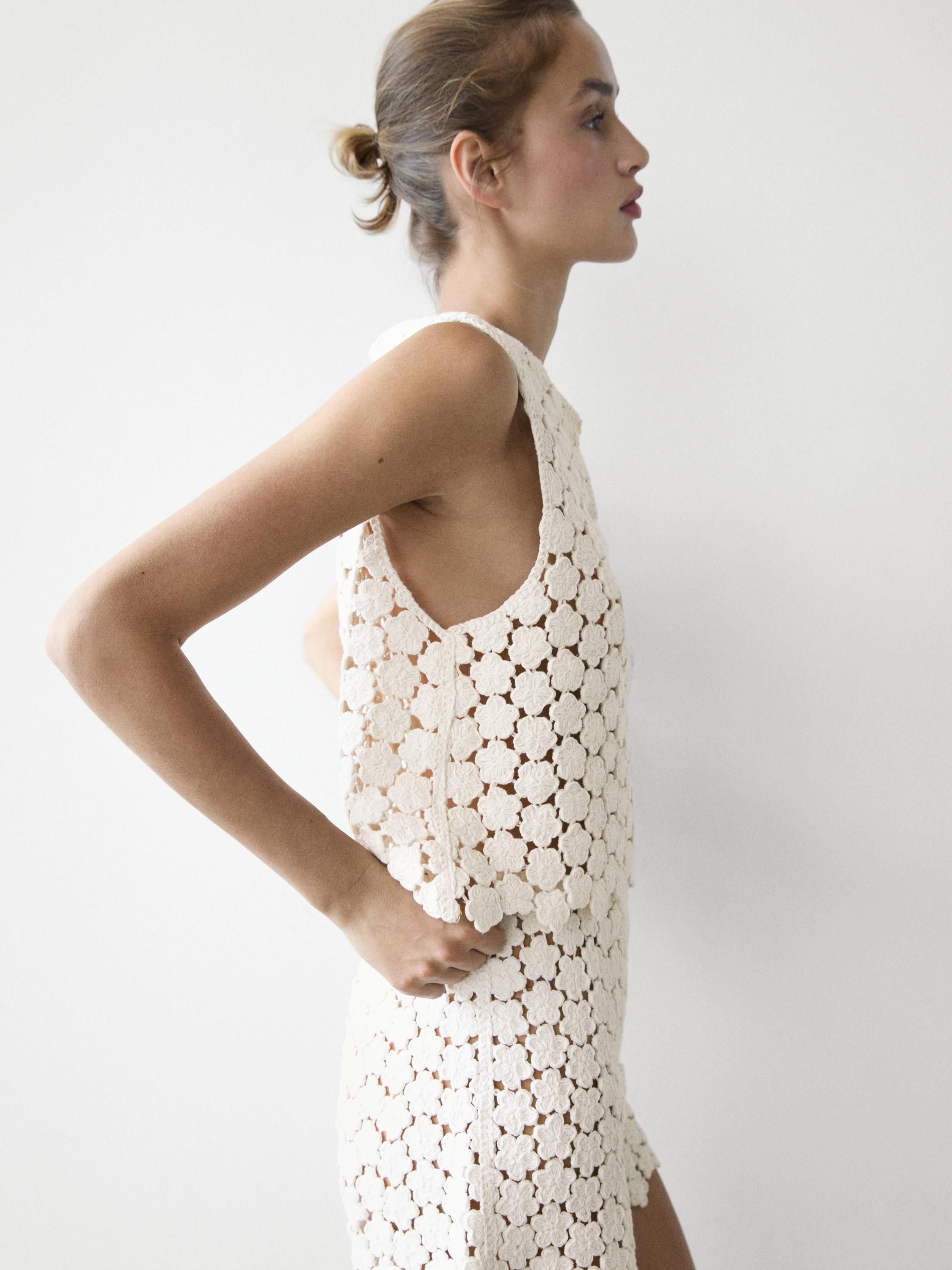 Cotton crochet vest with floral details — CREAM